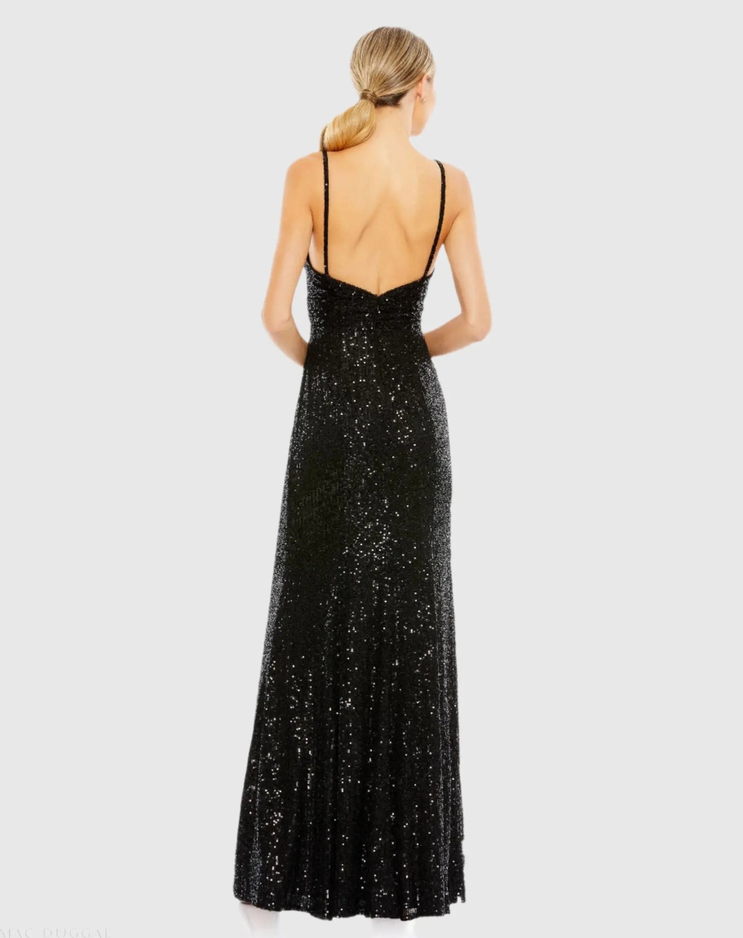 Black Sequined Draped V Neck Gown - Ieena for Mac Duggal