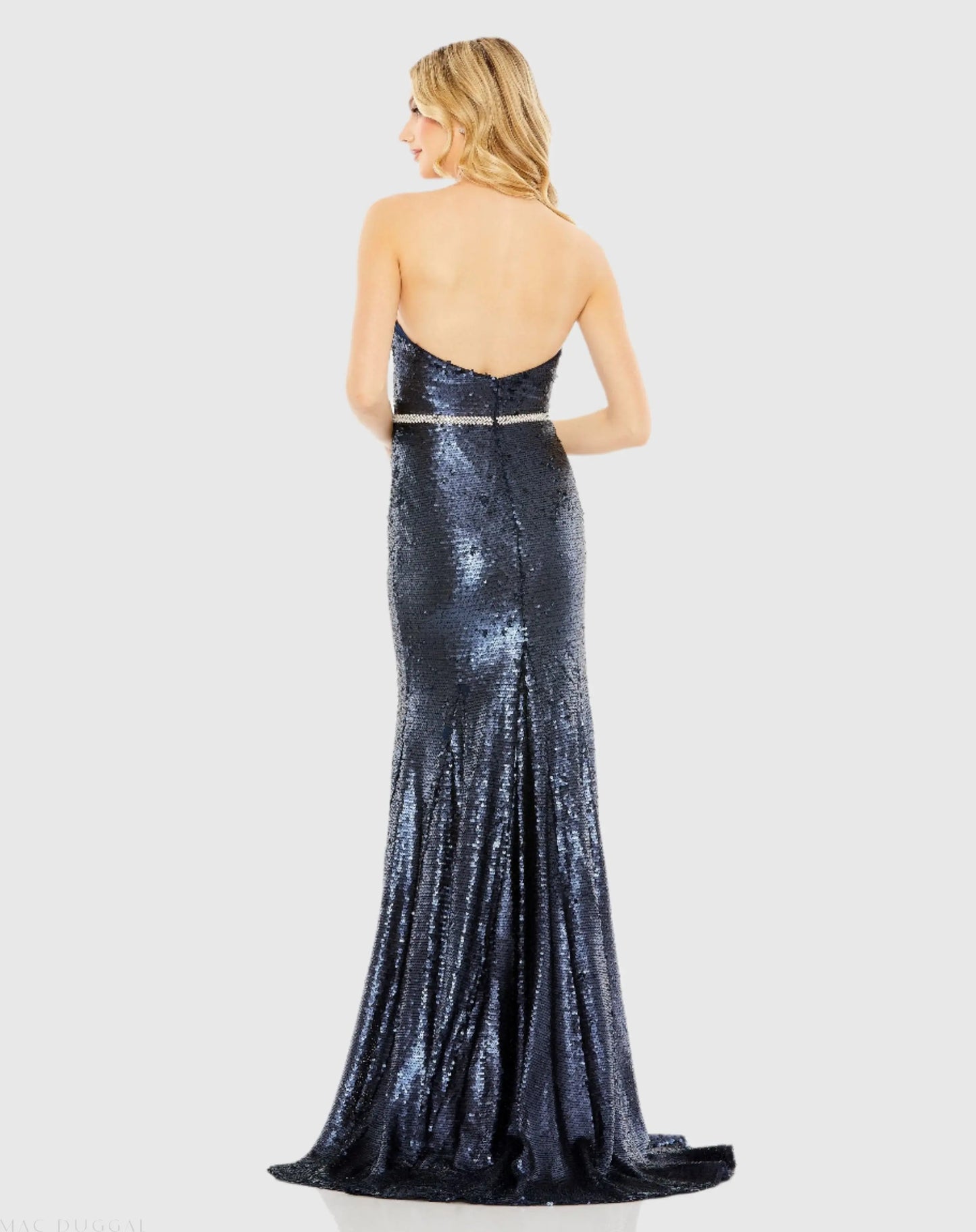 Navy Sequined Strapless Rhinestone Belt Gown - Mac Duggal