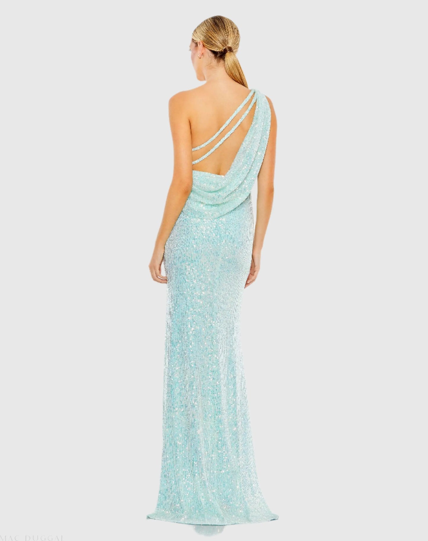Blue Sequined One Shoulder Draped Back Gown - Mac Duggal