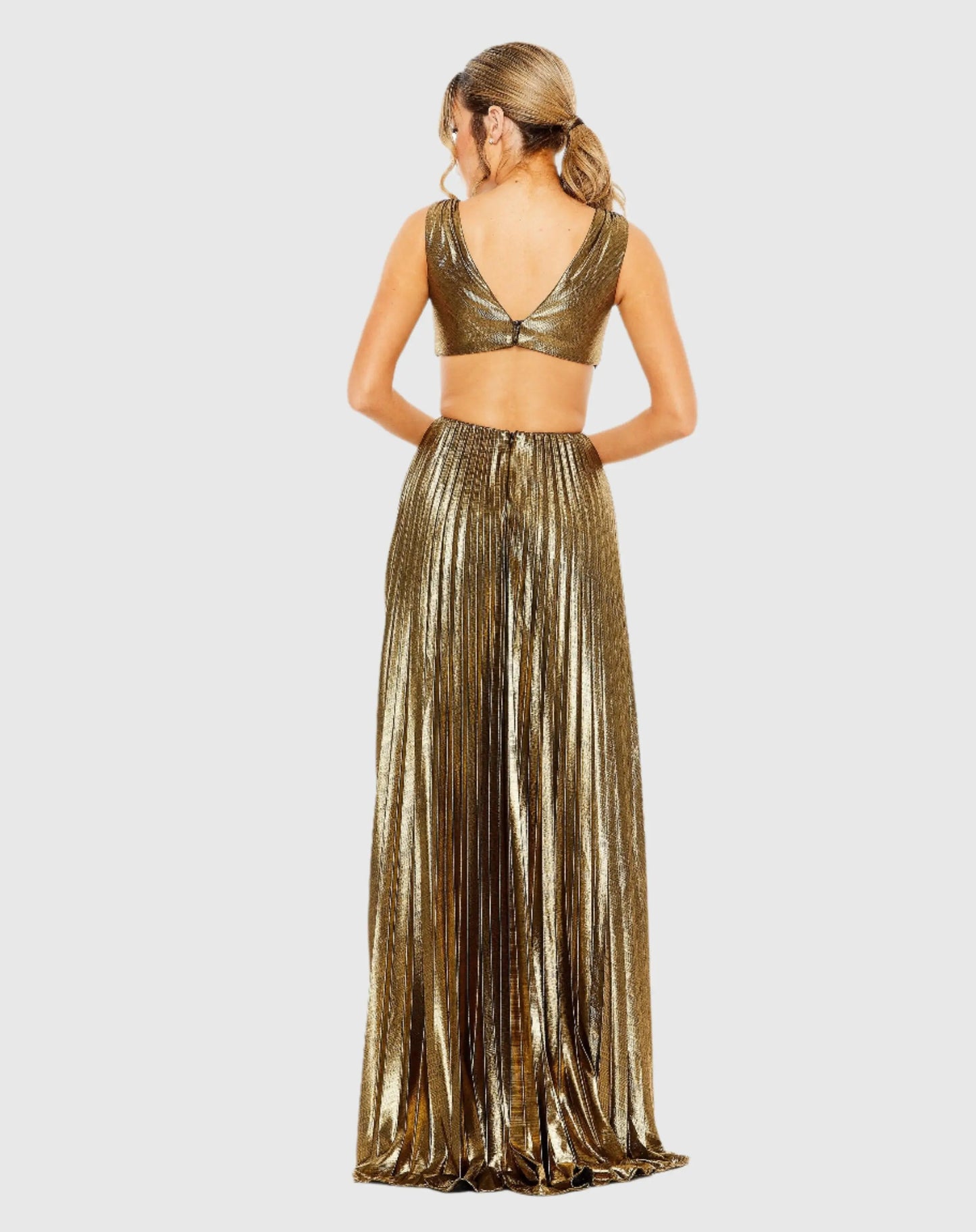 Gold Pleated Metallic Cutout Gown - Ieena for Mac Duggal