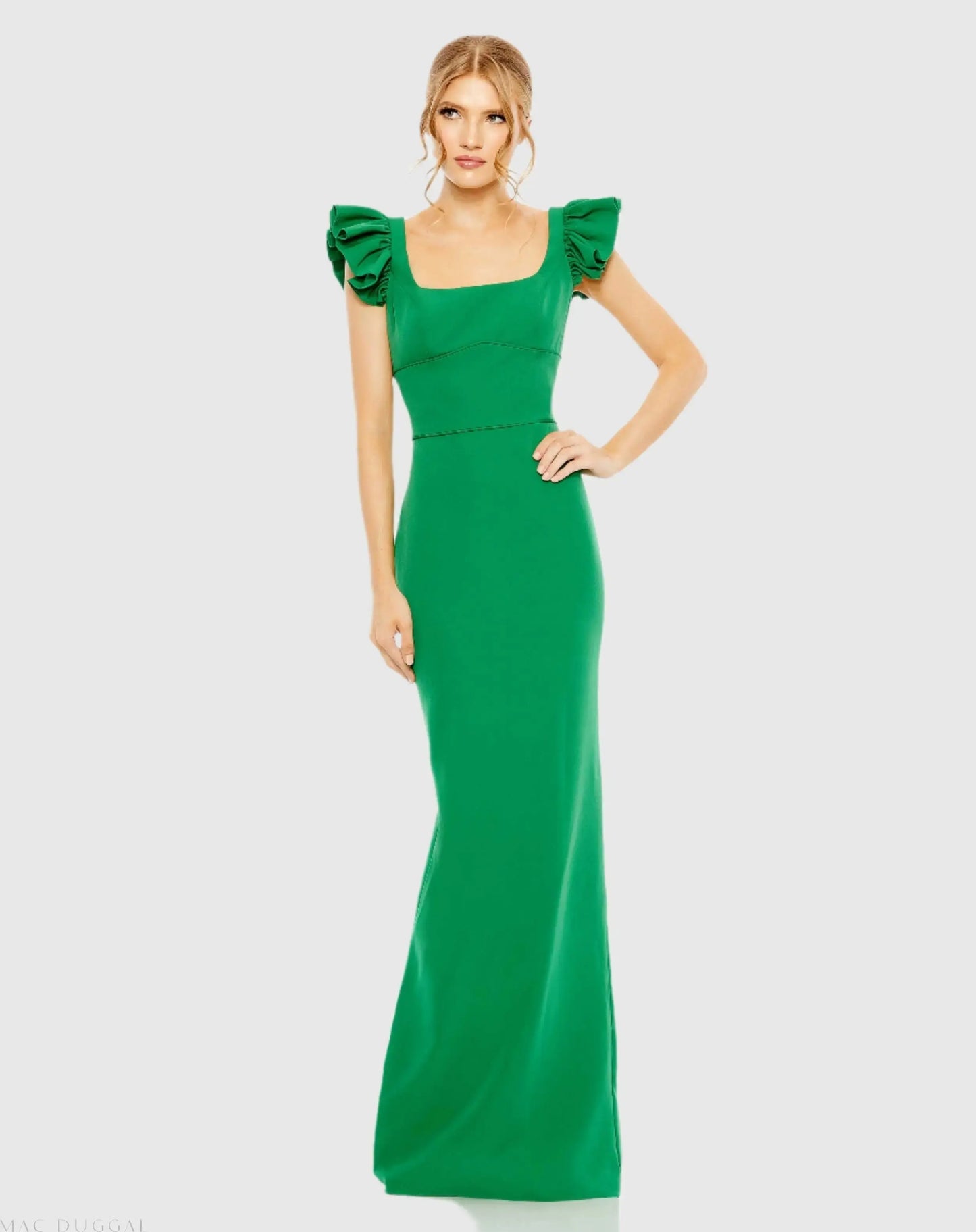Green Ruffle Cap Sleeve Open Back Column Gown - Ieena for Mac Duggal