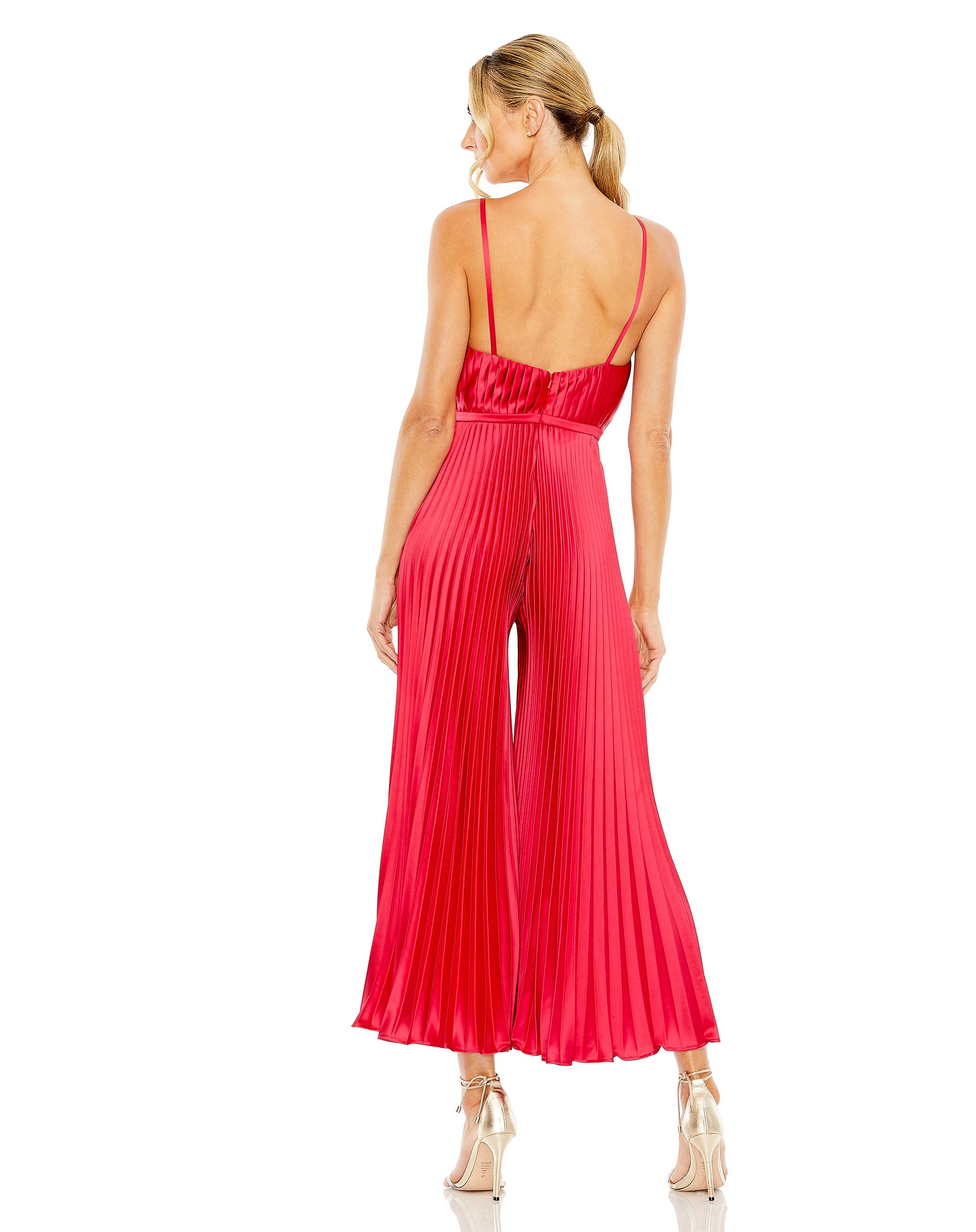 Cropped Pleated V-Neck Wide Leg Jumpsuit