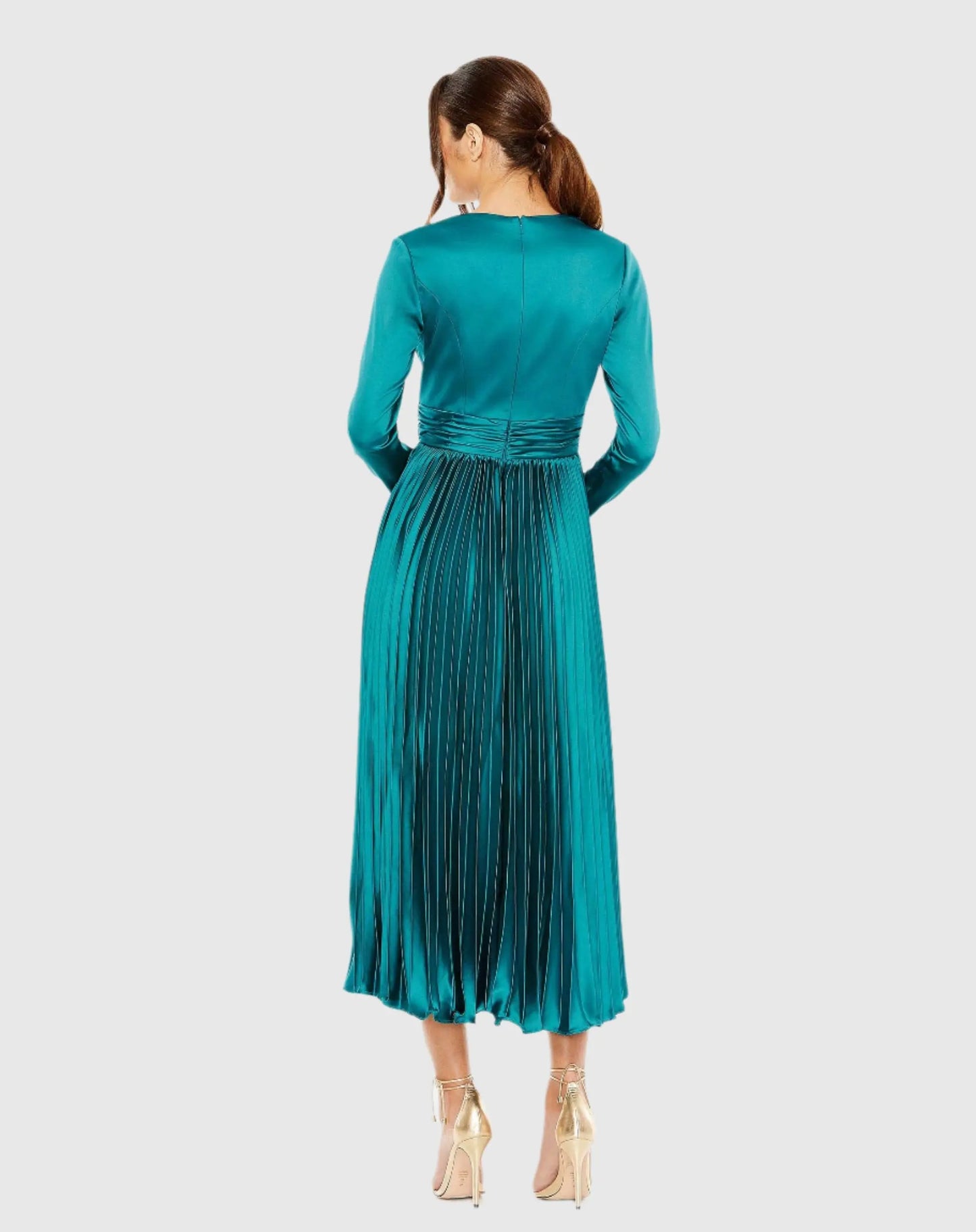 Blue Pleated Long Sleeve V-Neck Dress - Mac Duggal