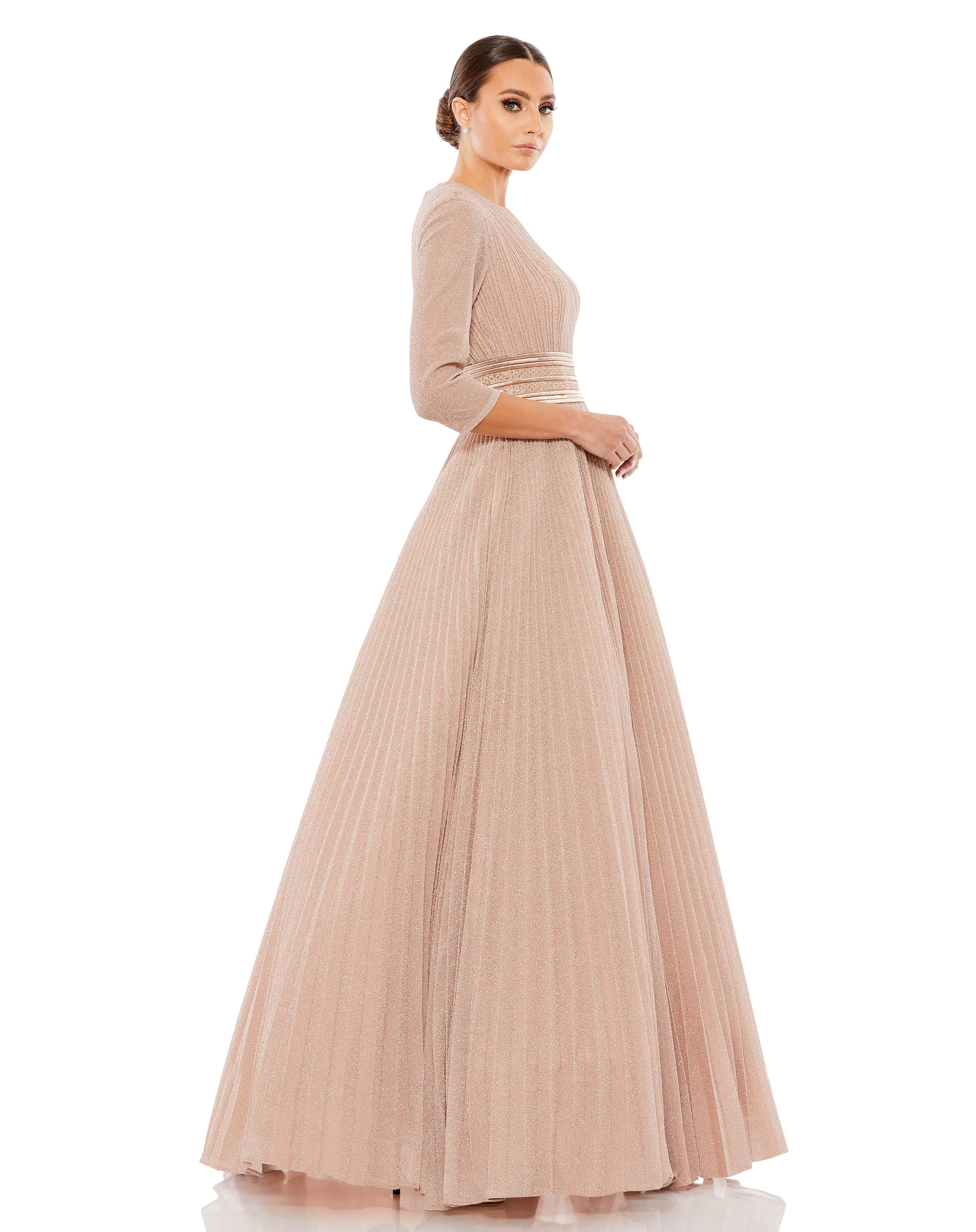 Shimmering Pleated A-Line 3/4 Sleeve Gown
