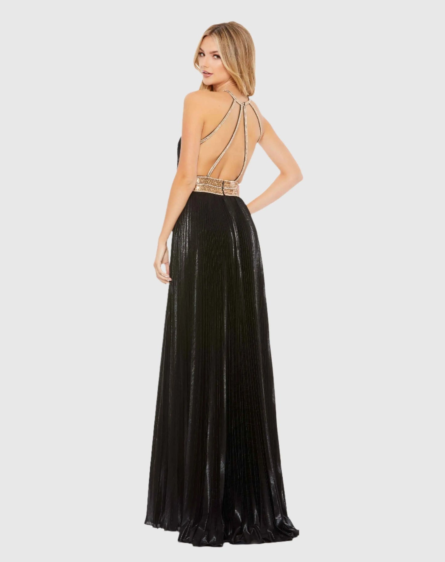 Pleated Embellished Halter Open Back Gown - Mac Duggal