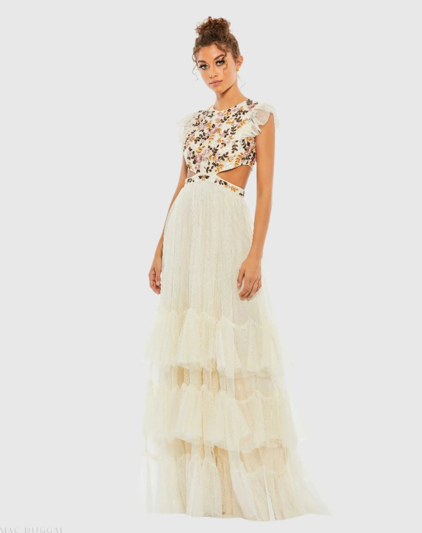 Beige Embroidered Bodice Cap Sleeve Ruffle Tiered Gown - Mac Duggal