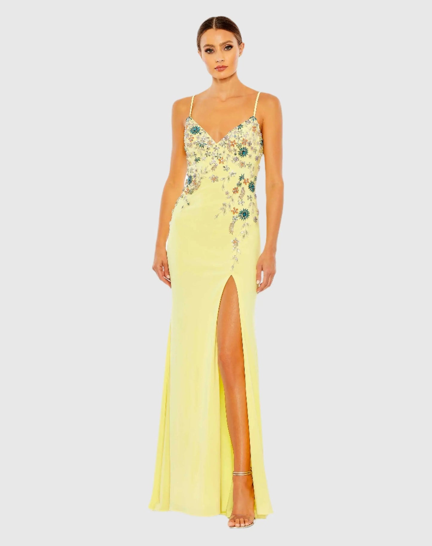 Yellow Multi Color Beaded Floral Cami Gown - Mac Duggal