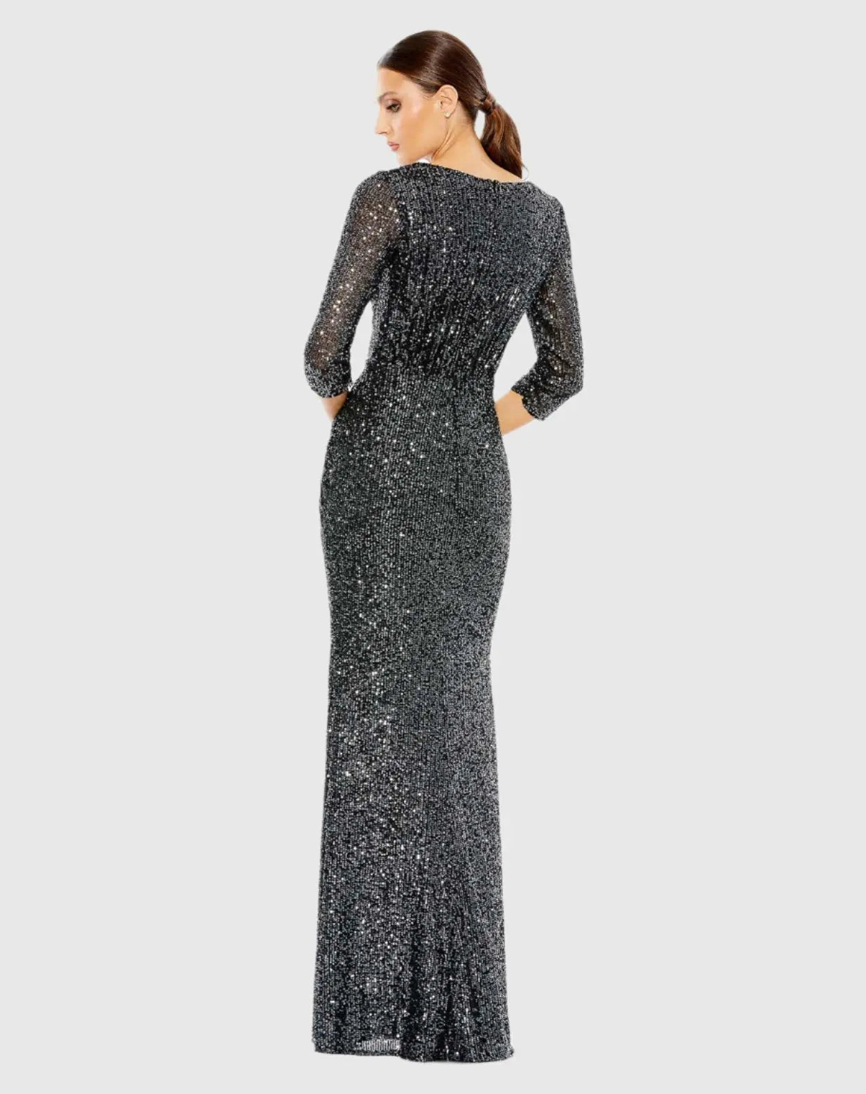 Gray Sequined Draped 3/4 Sleeve Gown - Mac Duggal