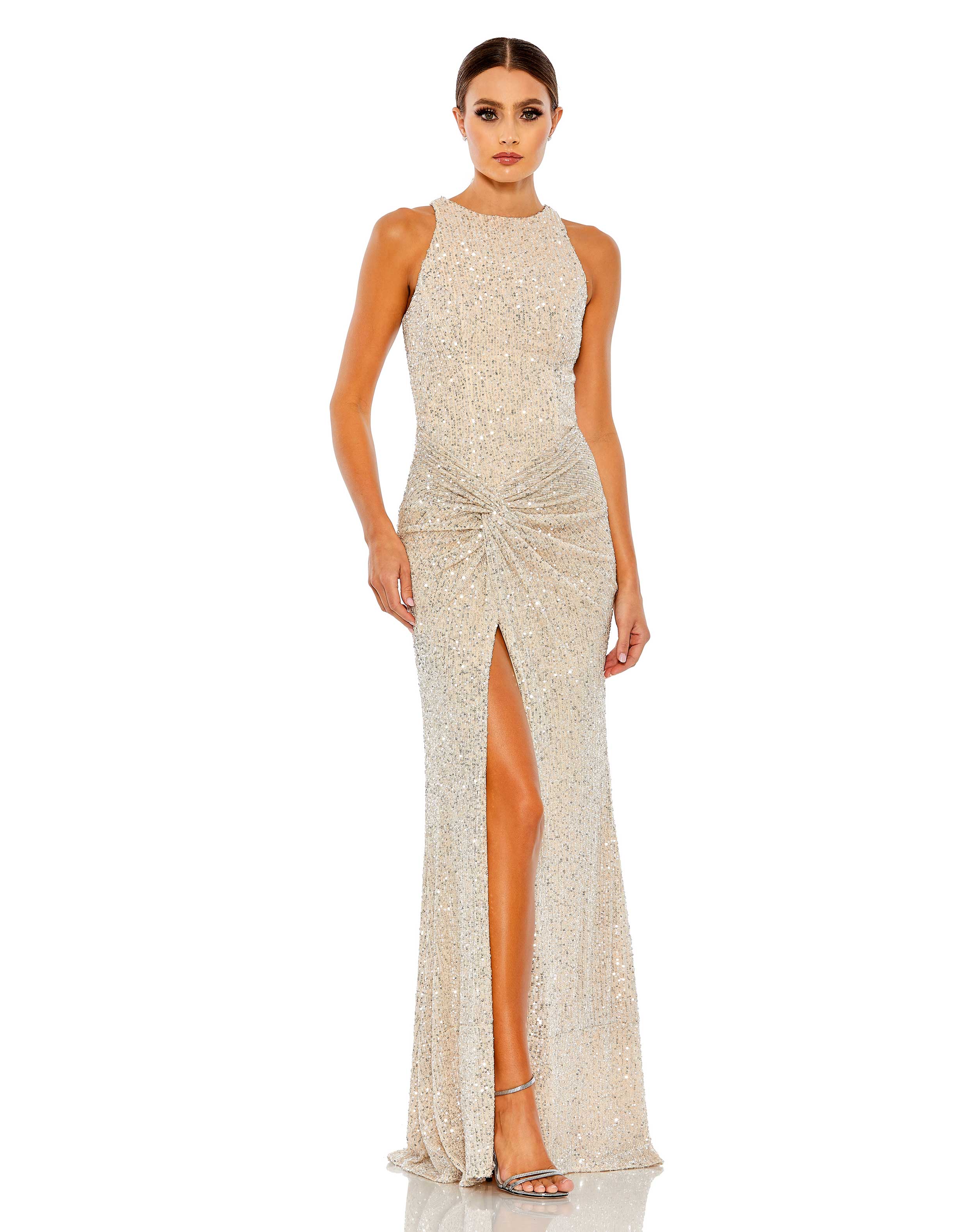 Sequined High Neck Side Knot Gown