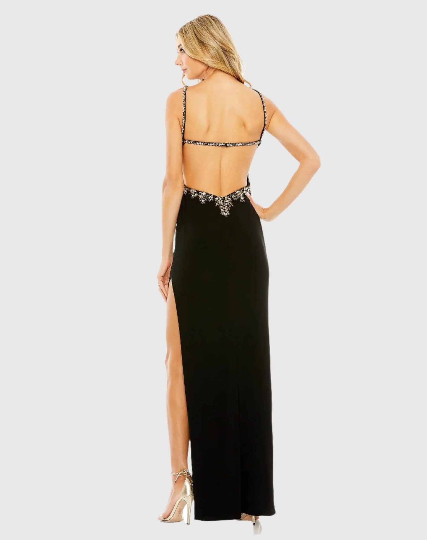 Black Embellished Ruched Open Back Column Gown - Mac Duggal