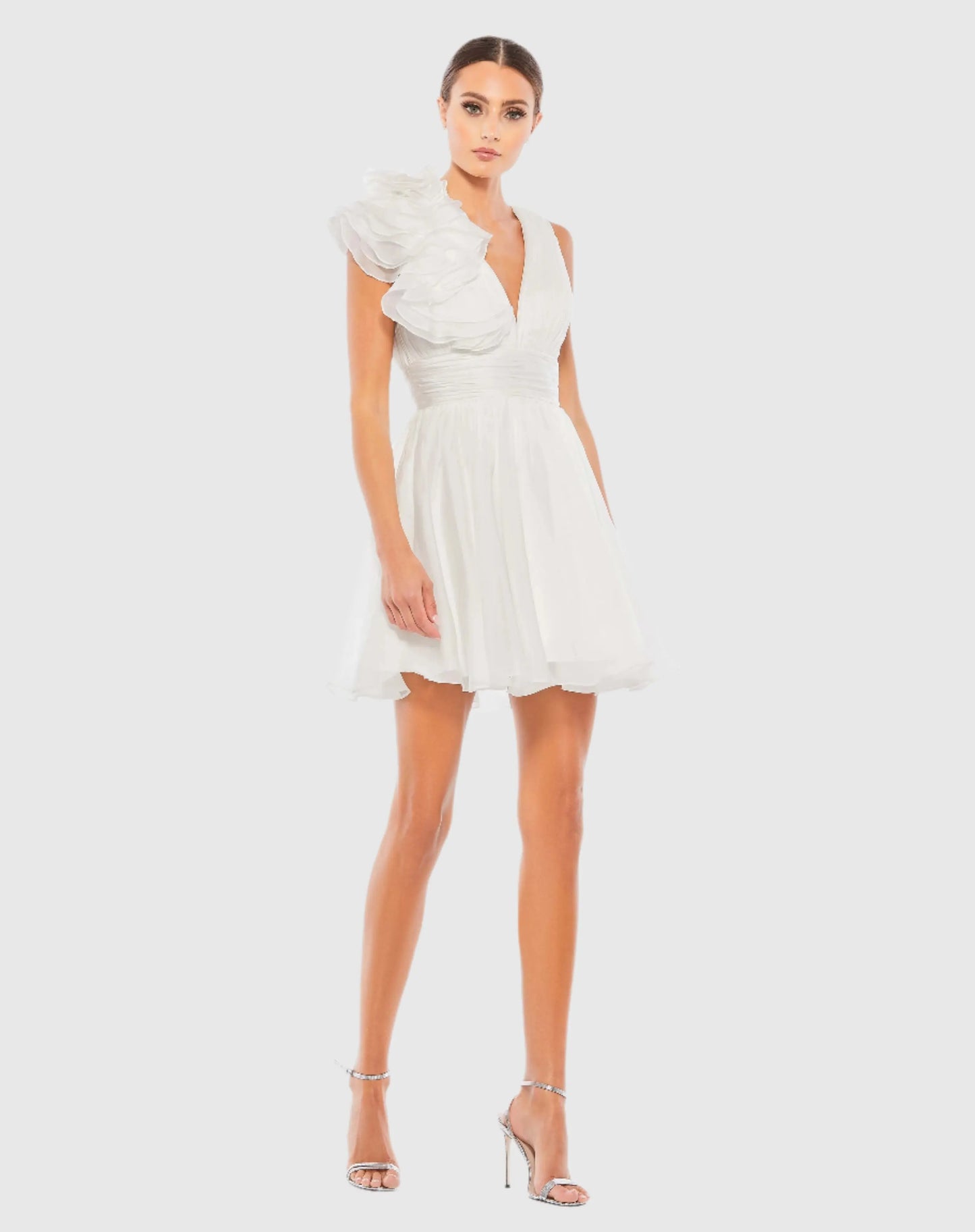 White Ruffle V Neck Fit & Flare Mini Dress - Ieena for Mac Duggal