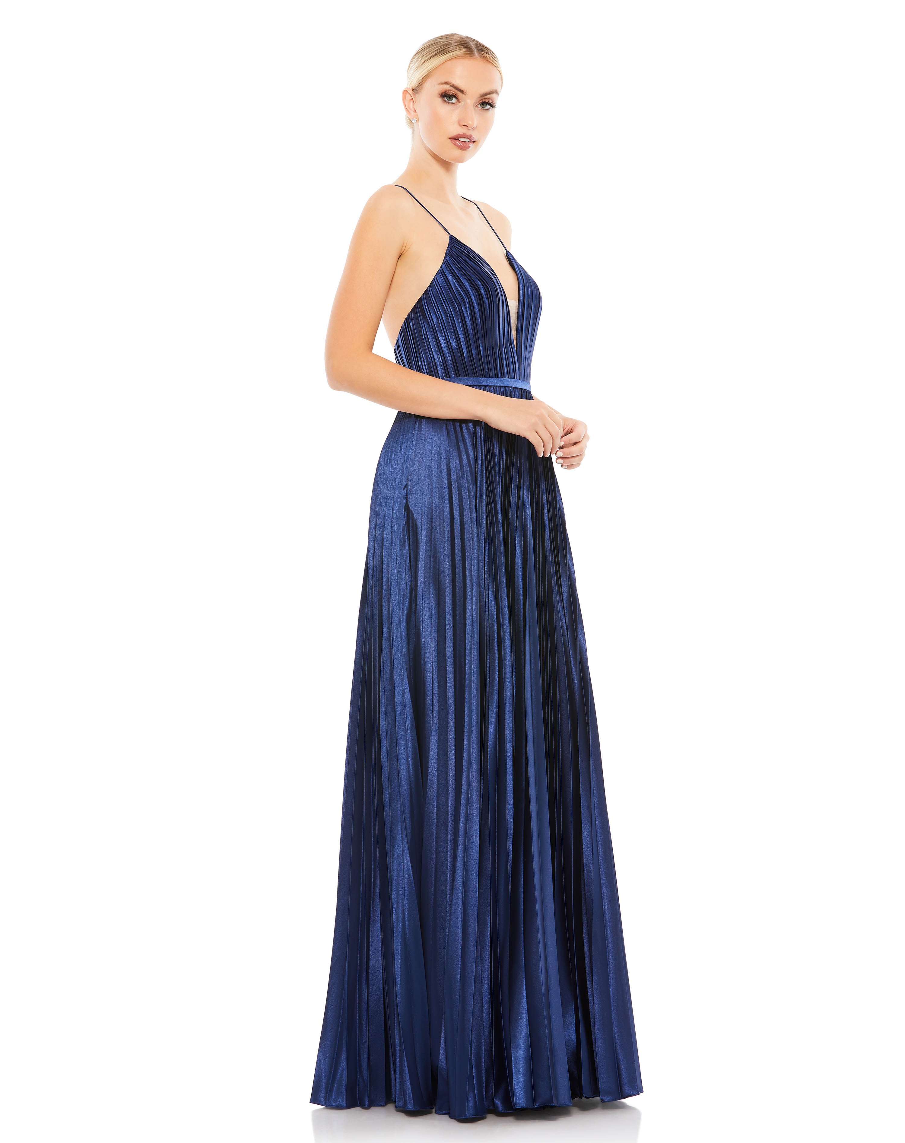 Plunge Neck Pleated Evening Gown
