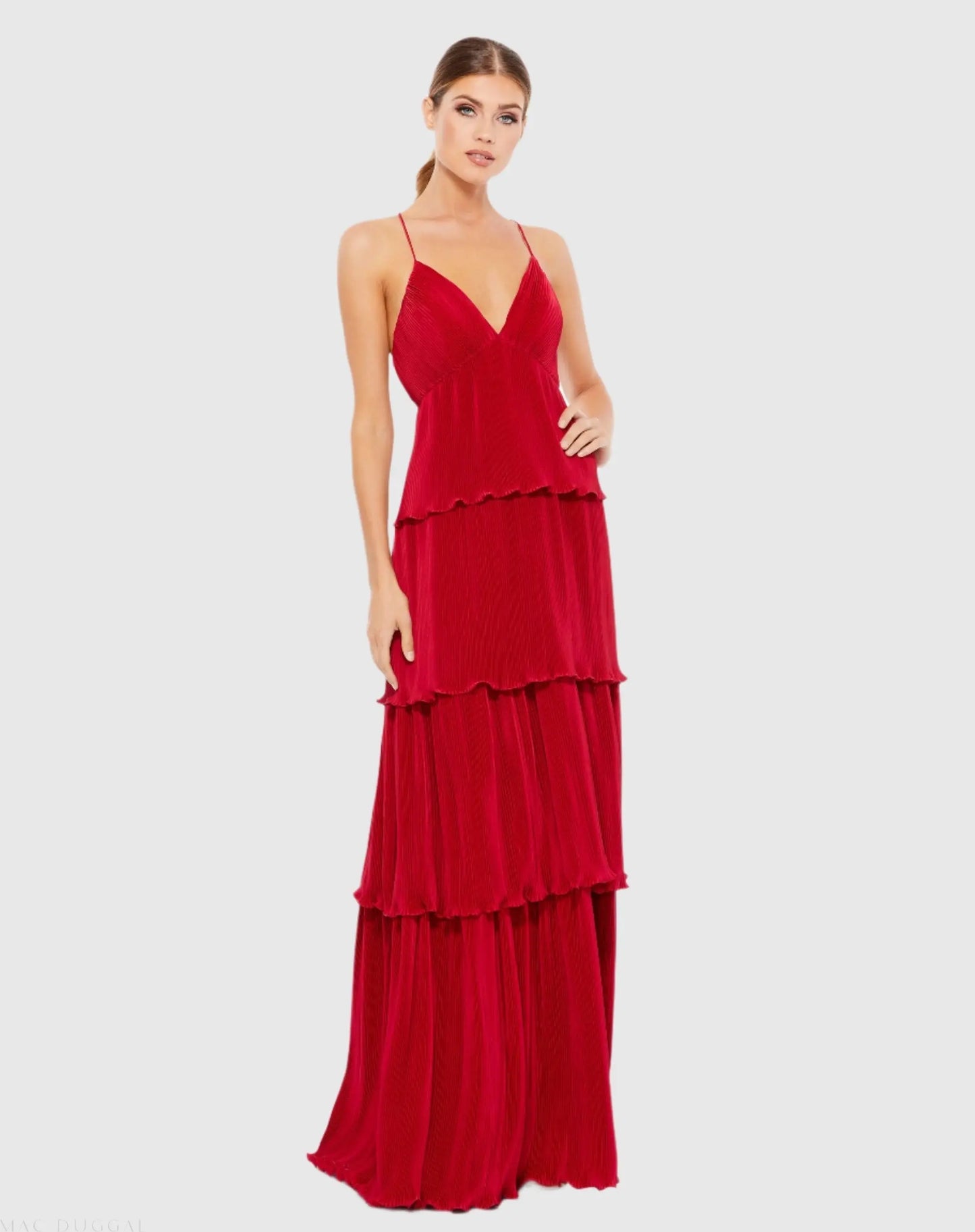 Red Spaghetti Strap Ruffle Layered Maxi Dress - Ieena for Mac Duggal
