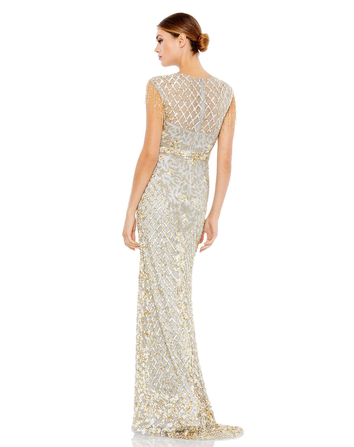 High Neck Sleeveless Beaded Fringe Fitted Gown