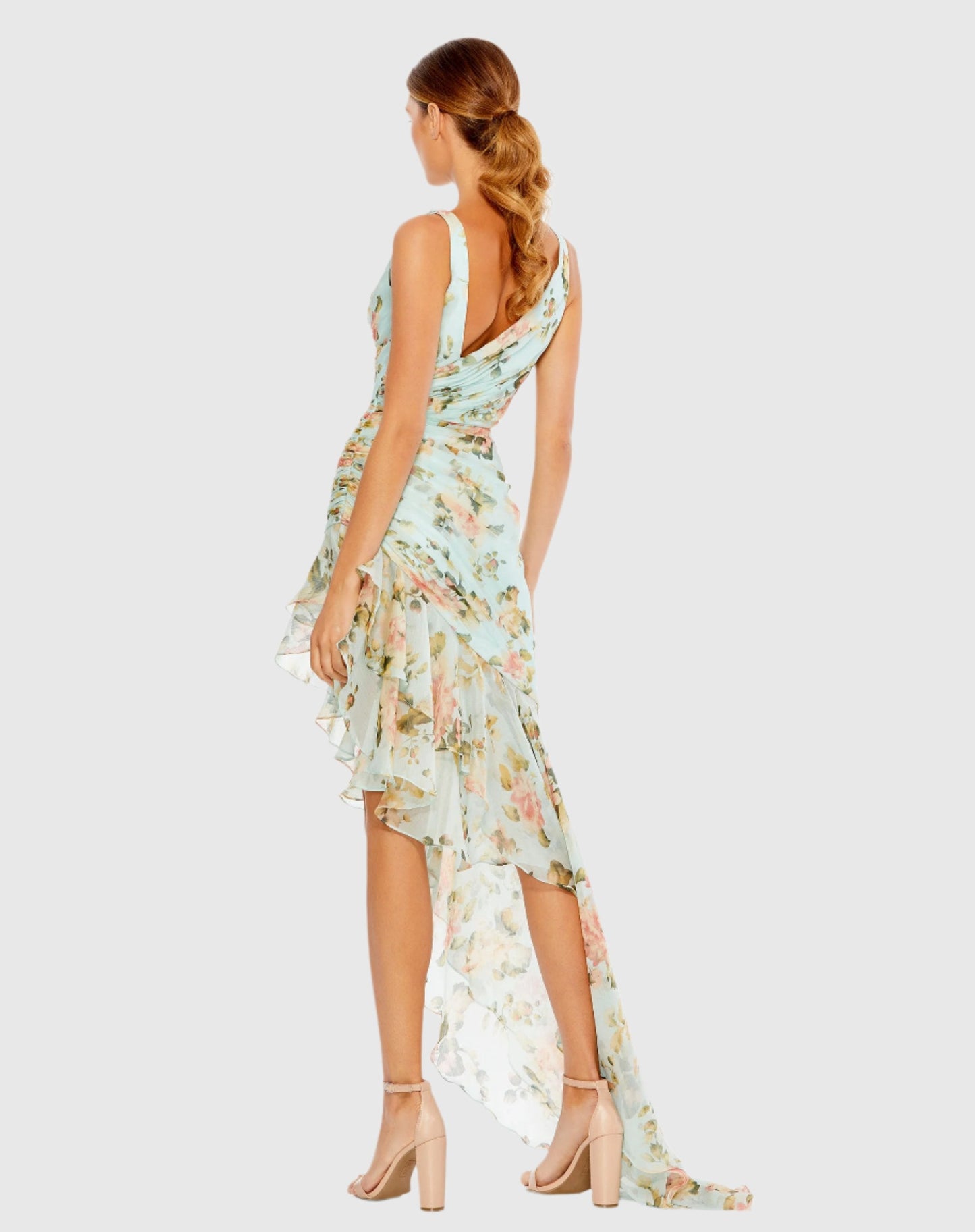 Blue Floral Print Asymmetrical Ruffle Hem Dress - Ieena for Mac Duggal