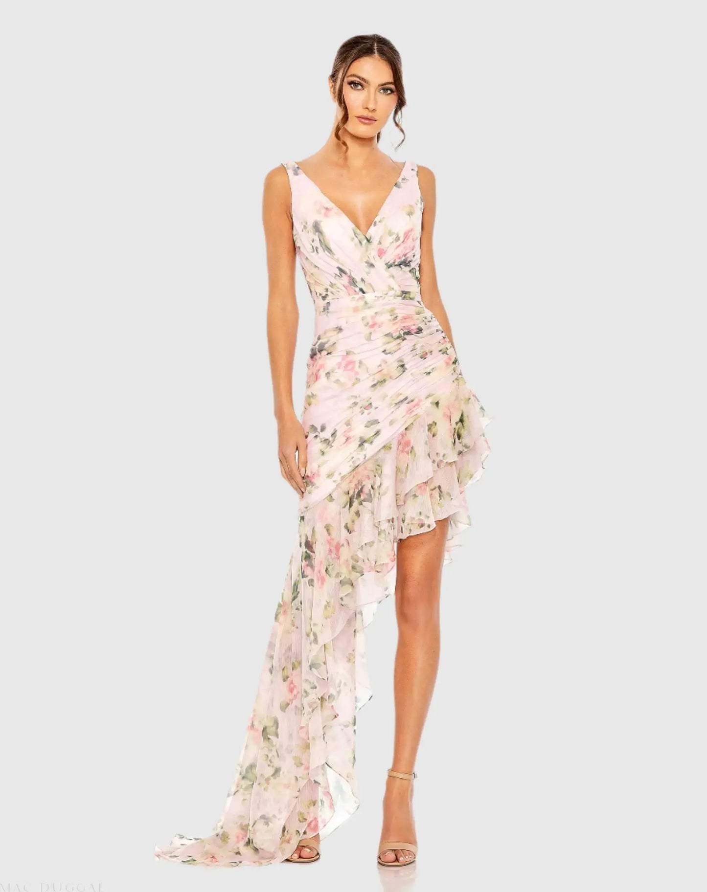 Pink Floral Print Asymmetrical Ruffle Hem Dress - Ieena for Mac Duggal