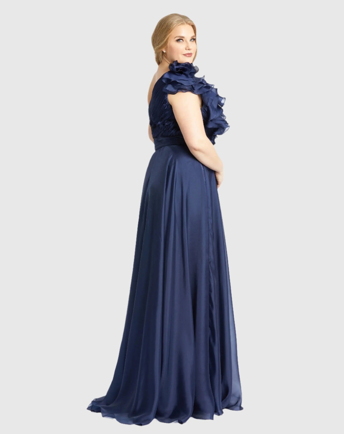 Navy One Shoulder Ruffle Evening Gown (Plus) - Mac Duggal