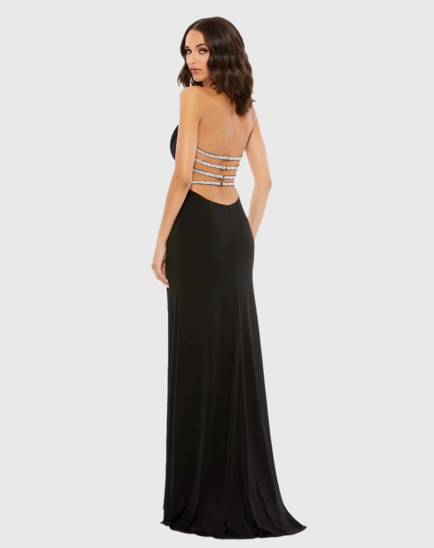 Black Cowl Neck Halter Strap Low Back Gown - Mac Duggal