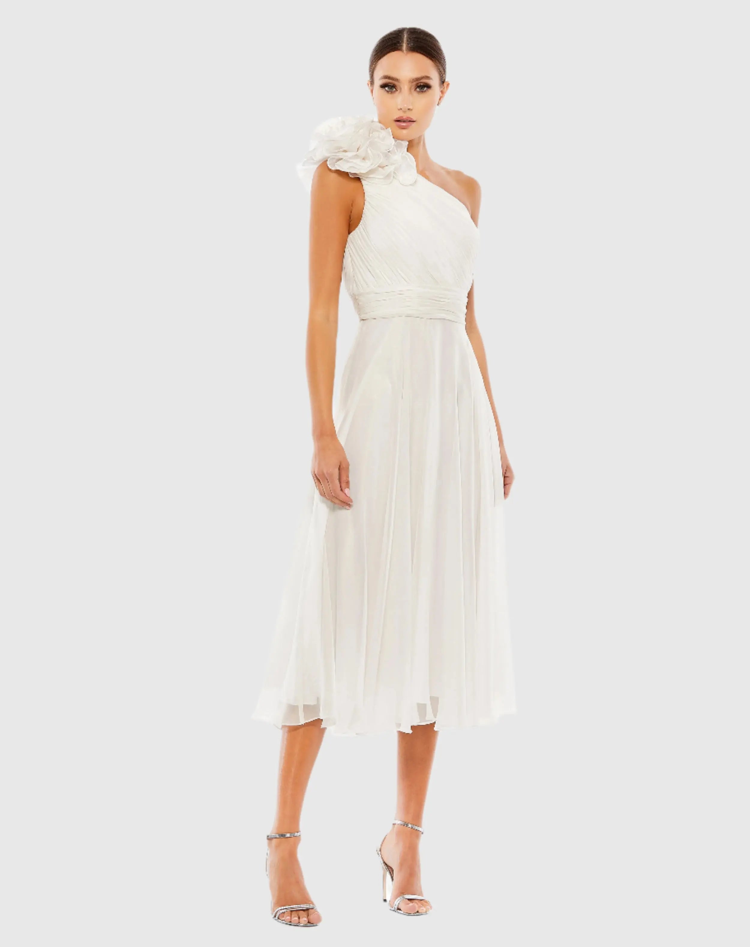White Rosette One Shoulder Tea Length Dress