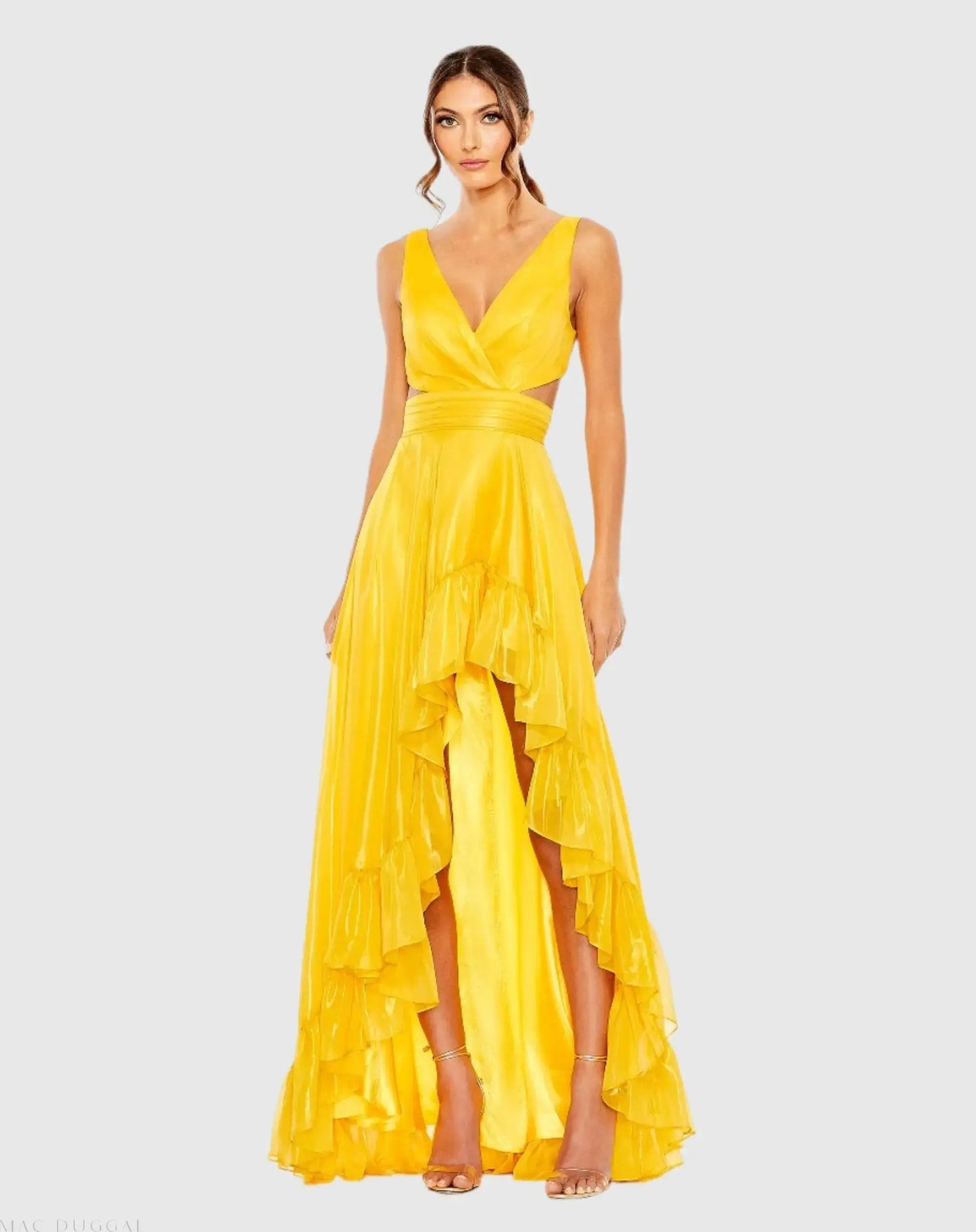 Yellow Cut Out High Low Ruffle Gown - Ieena for Mac Duggal