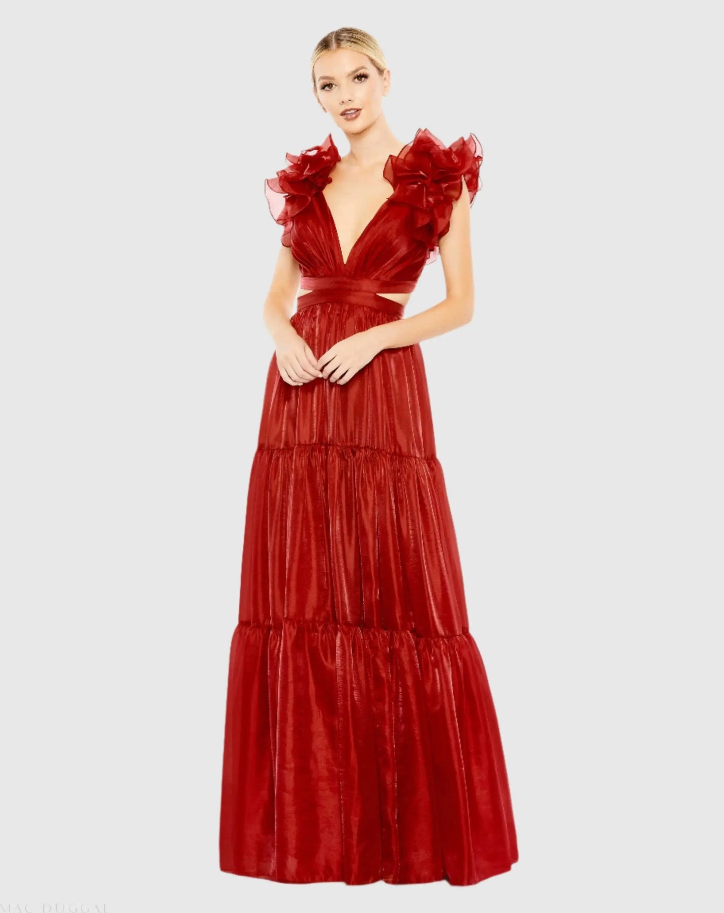 Red Ruffled Shoulder Cut Out Soft Tie Back Tiered Gown - Mac Duggal