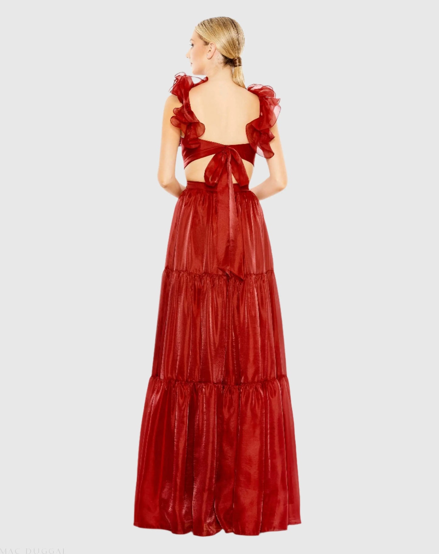 Red Ruffled Shoulder Cut Out Soft Tie Back Tiered Gown - Mac Duggal