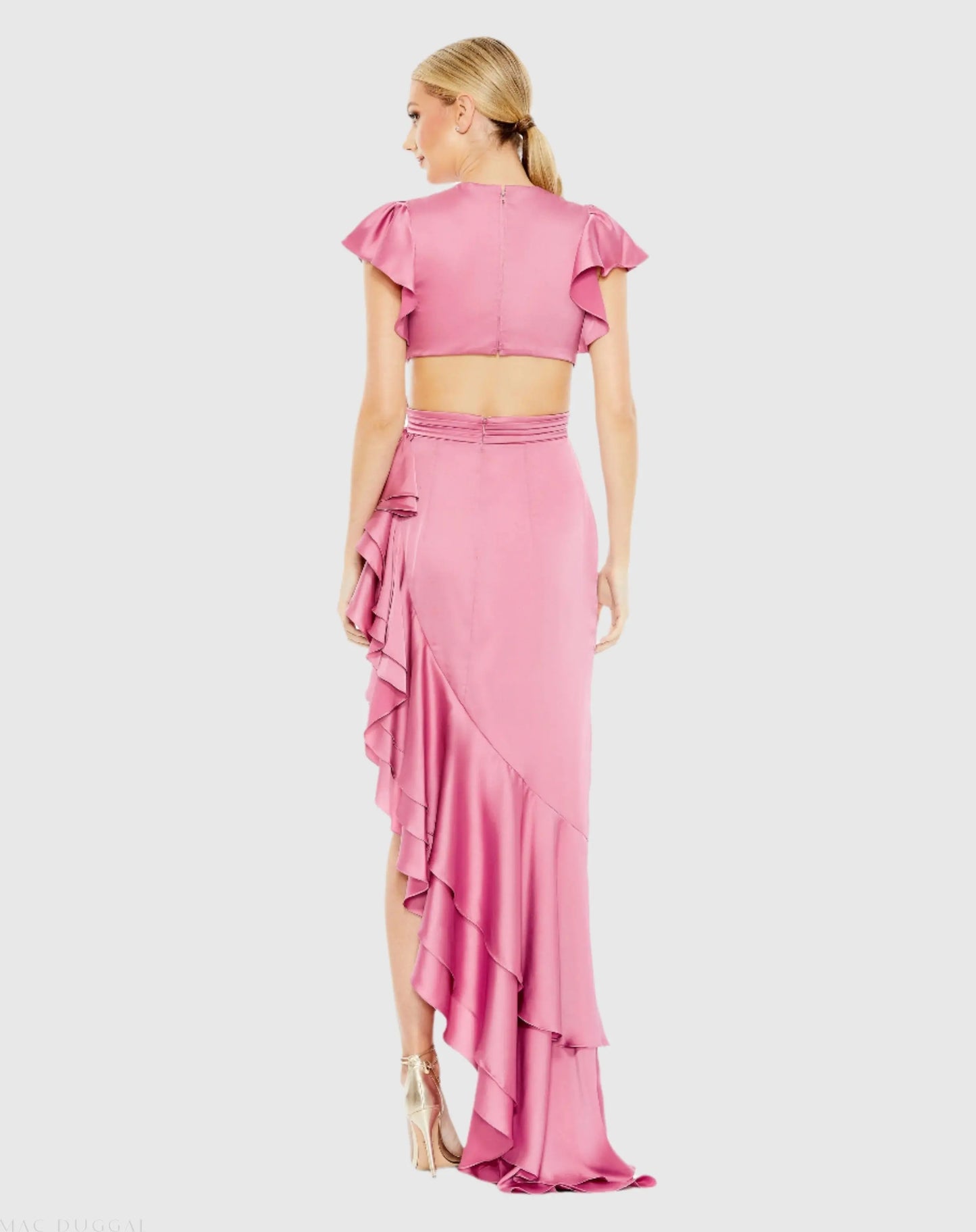 Pink Flutter Sleeve Cut Out Asymmetrical Ruffled Gown - Mac Duggal