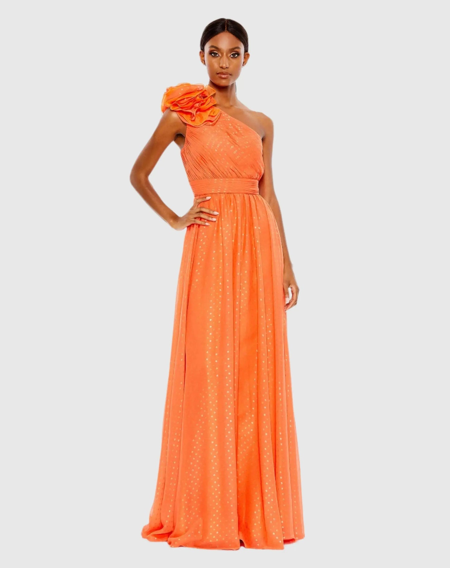 Orange Polka Dot Ruffled One Shoulder Gown - Mac Duggal