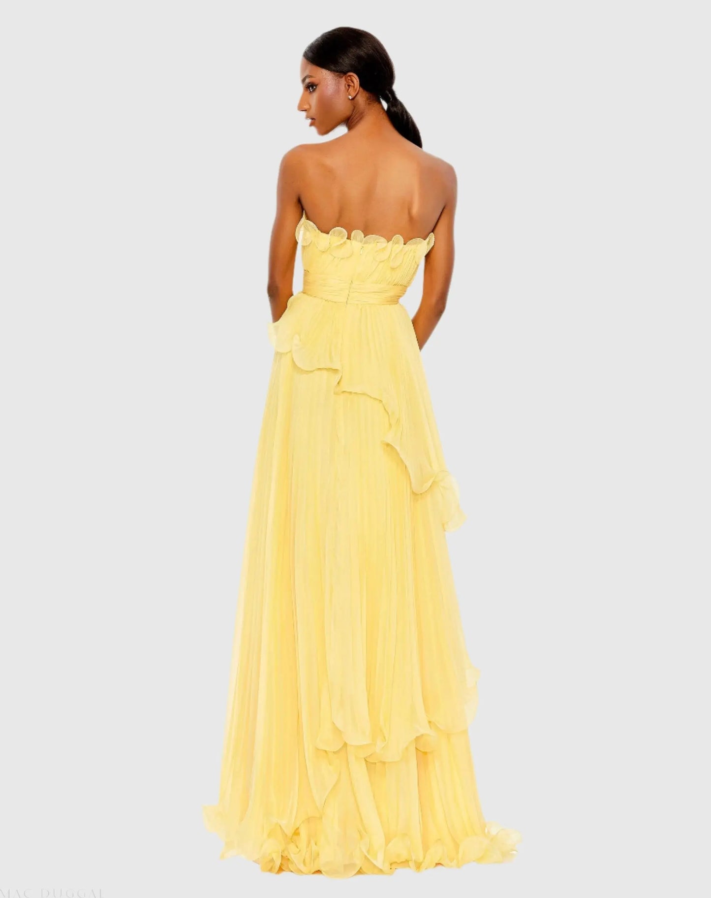 Yellow Pleated Tiered Ruffled Strapless Gown - Mac Duggal