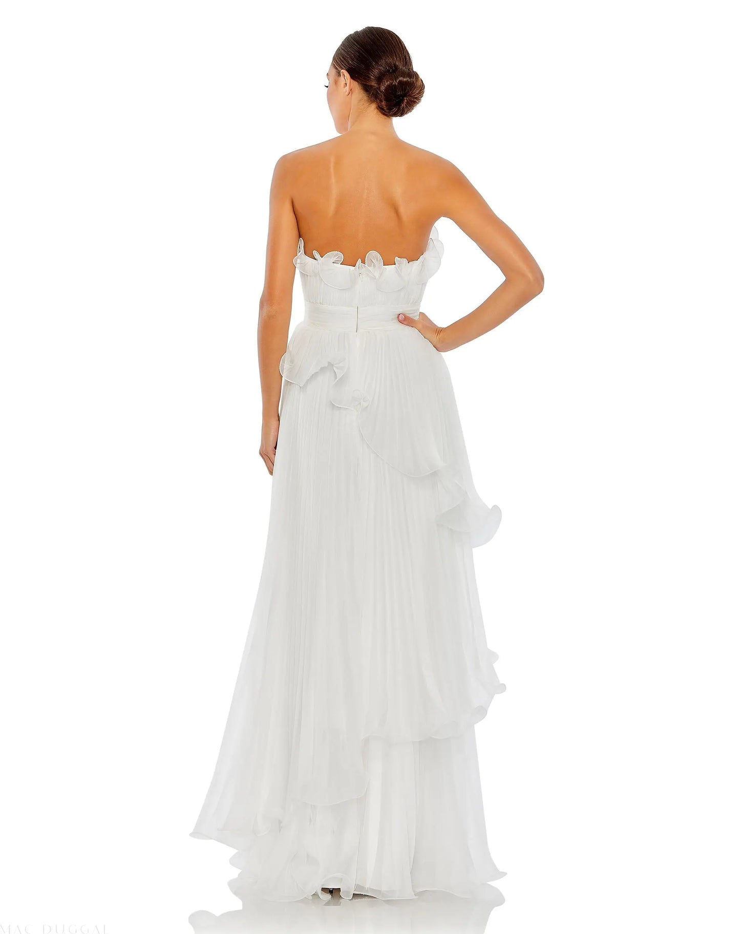 White Pleated Tiered Ruffled Strapless Gown - Mac Duggal