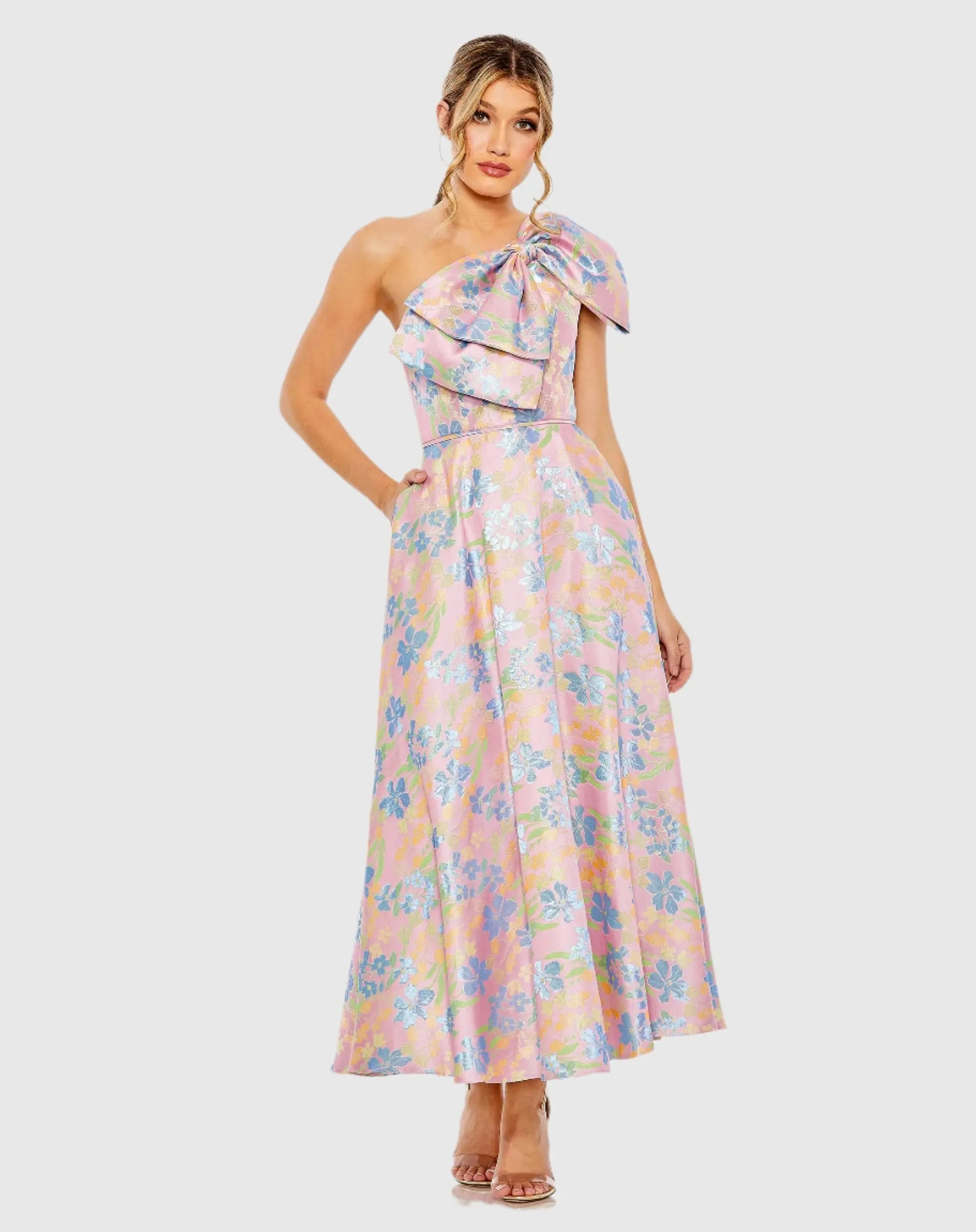 Pink One Shoulder Embroidered Floral A Line Dress Pink One Shoulder Embroidered Floral A Line Dress