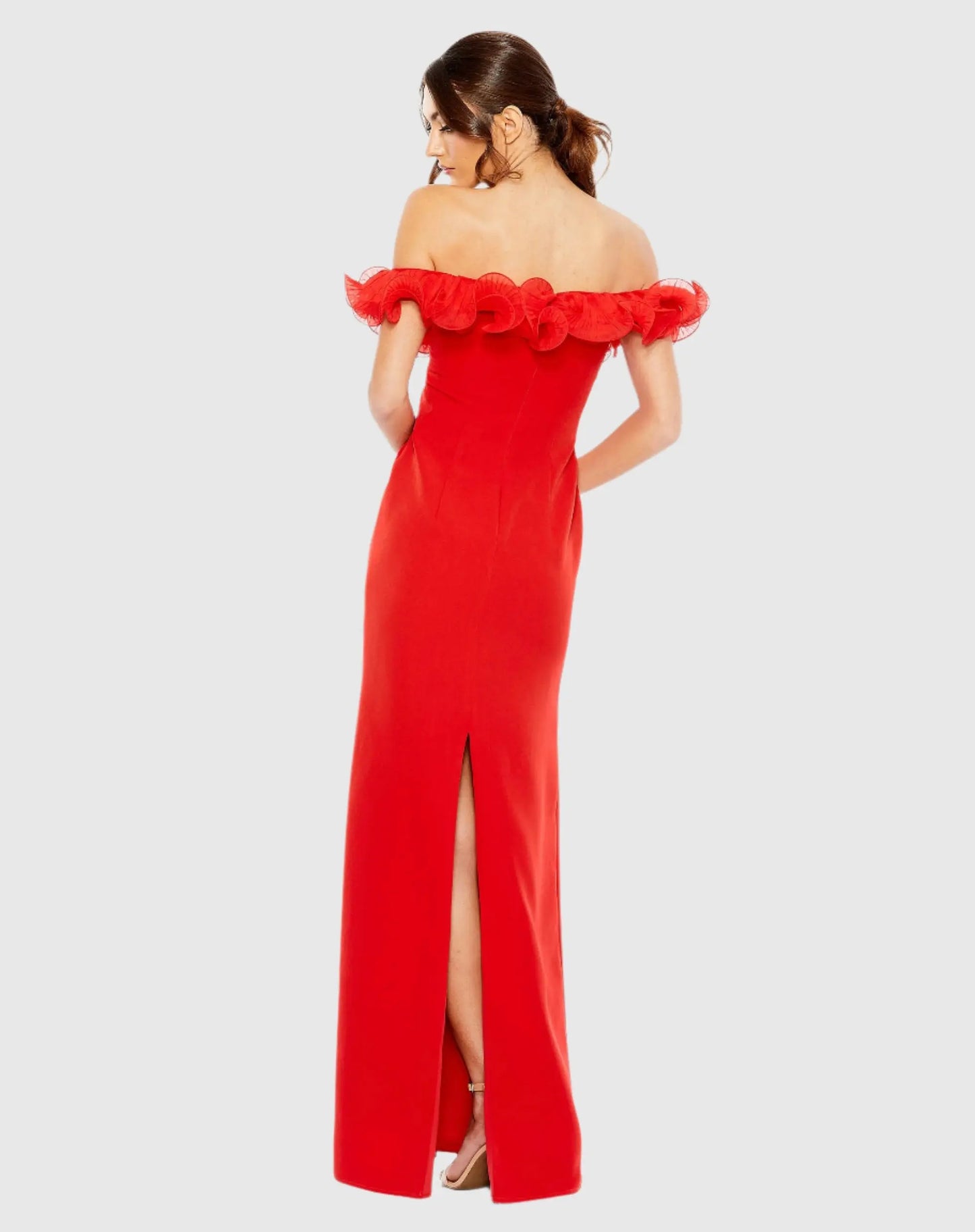 Red Off the Shoulder Ruffle Detail Column Gown - Mac Duggal