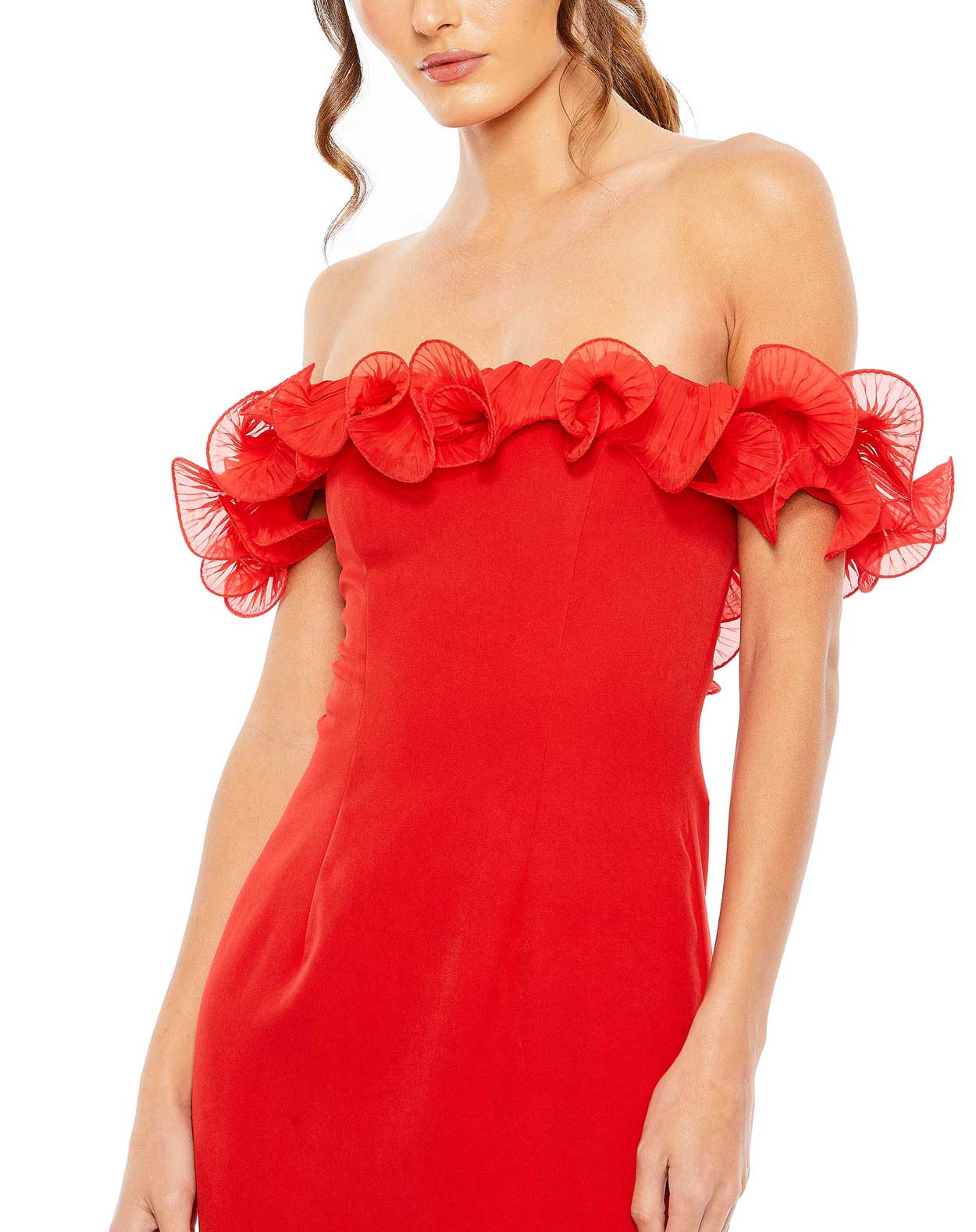 Off the Shoulder Ruffle Detail Column Gown