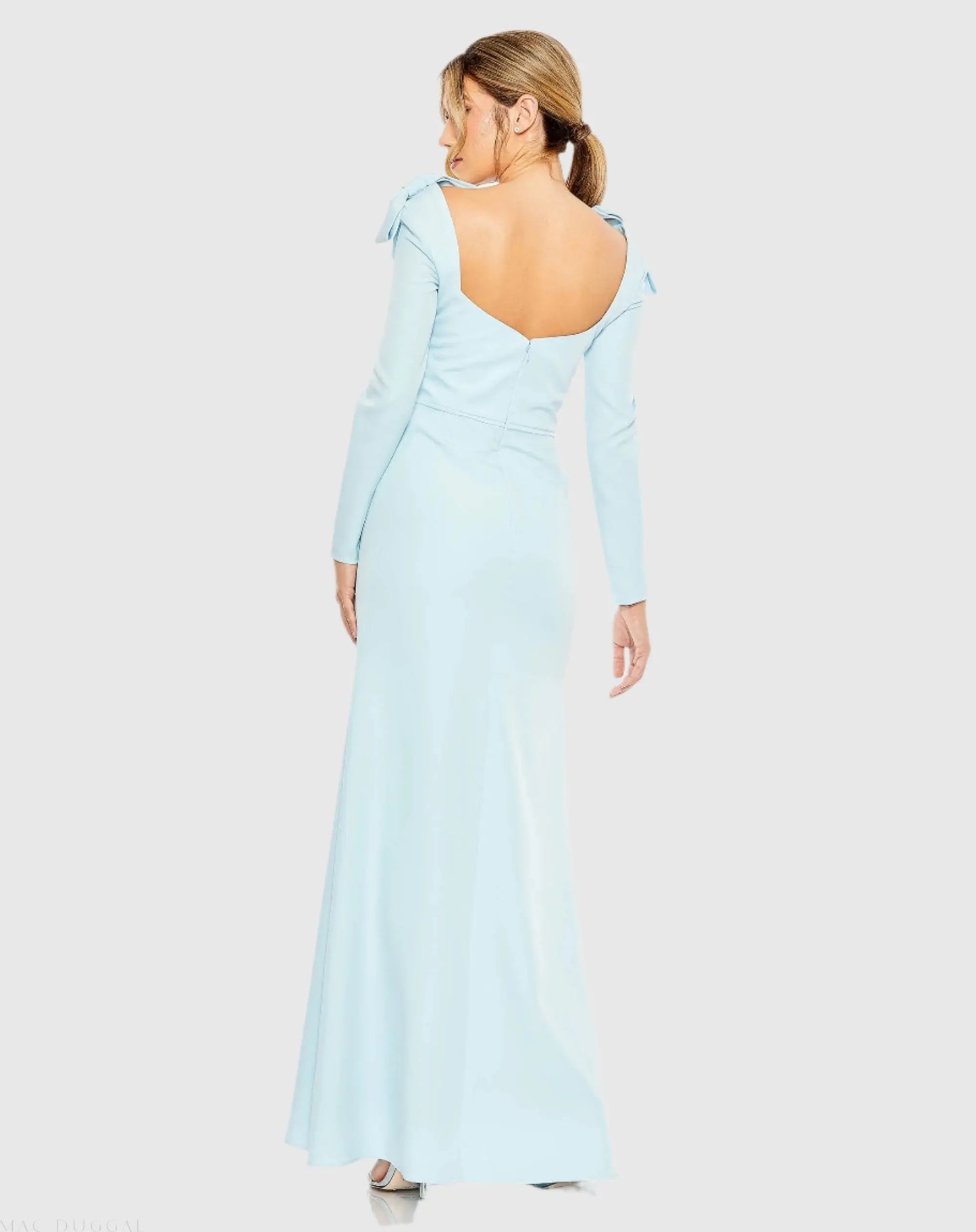 Blue Empire Waist Long Sleeve Bow Shoulder Gown - Ieena for Mac Duggal