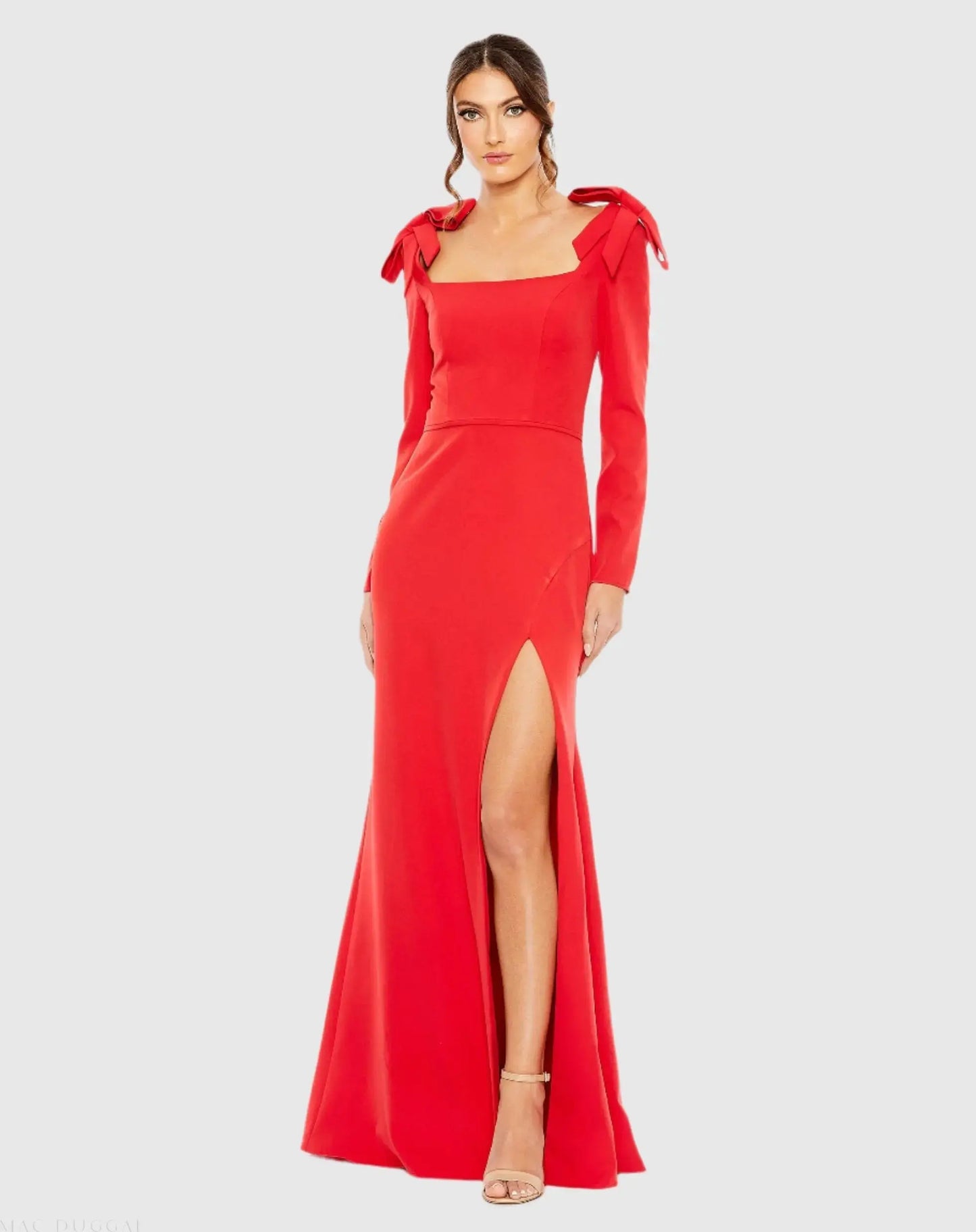 Red Empire Waist Long Sleeve Bow Shoulder Gown - Mac Duggal
