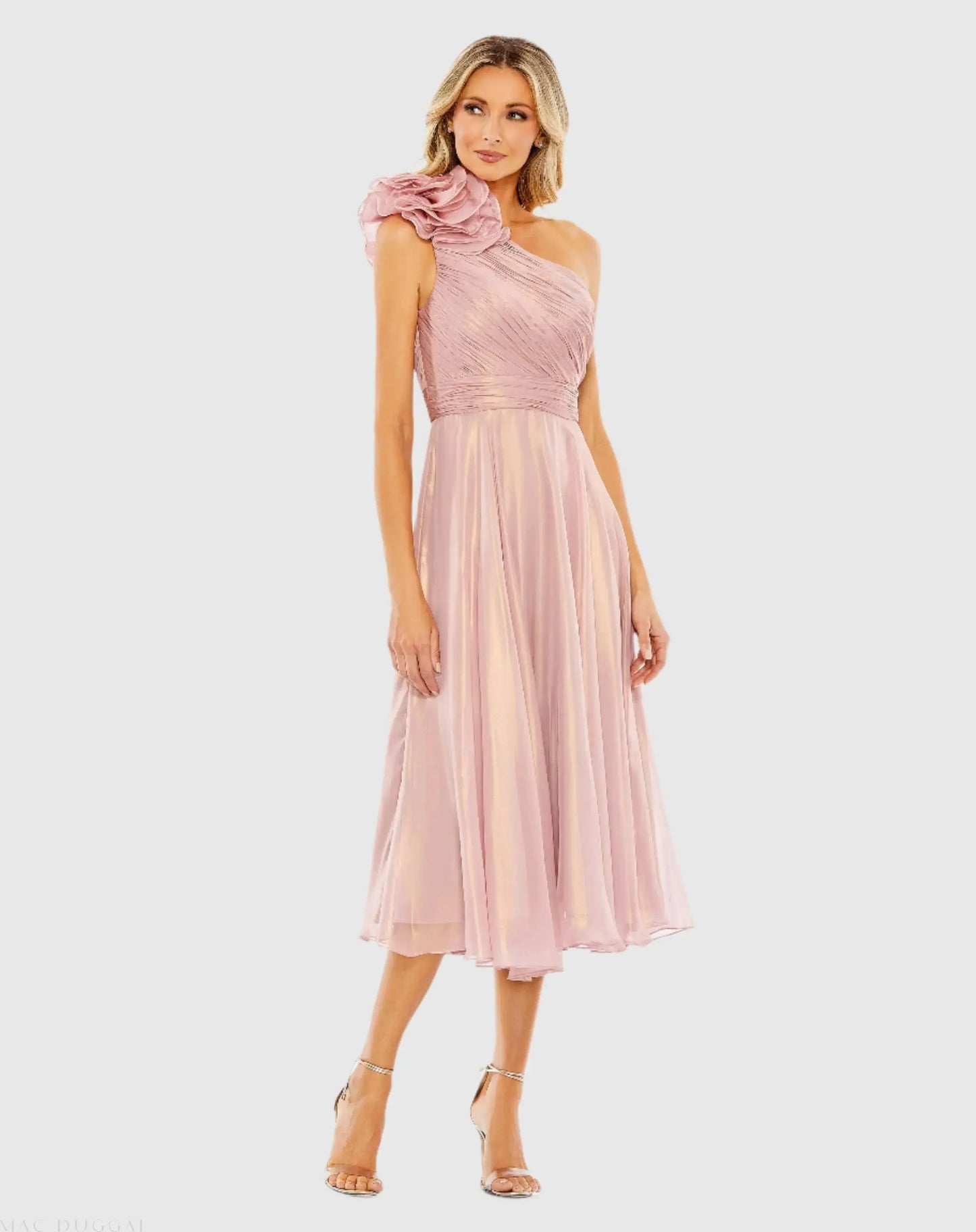 Pink Rosette One Shoulder Tea Length Dress - Mac Duggal