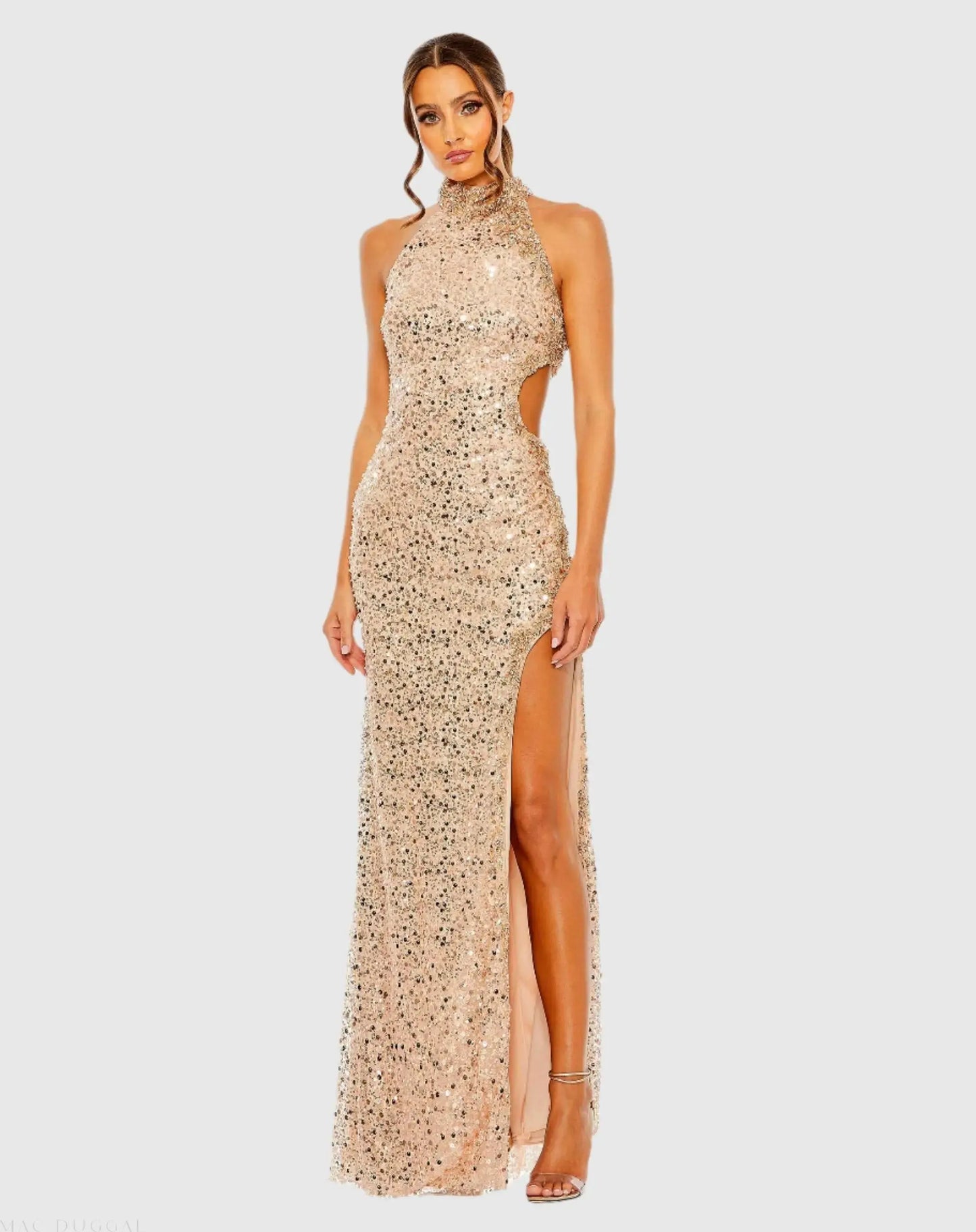 Side Cut Out High Neck Sequin Gown