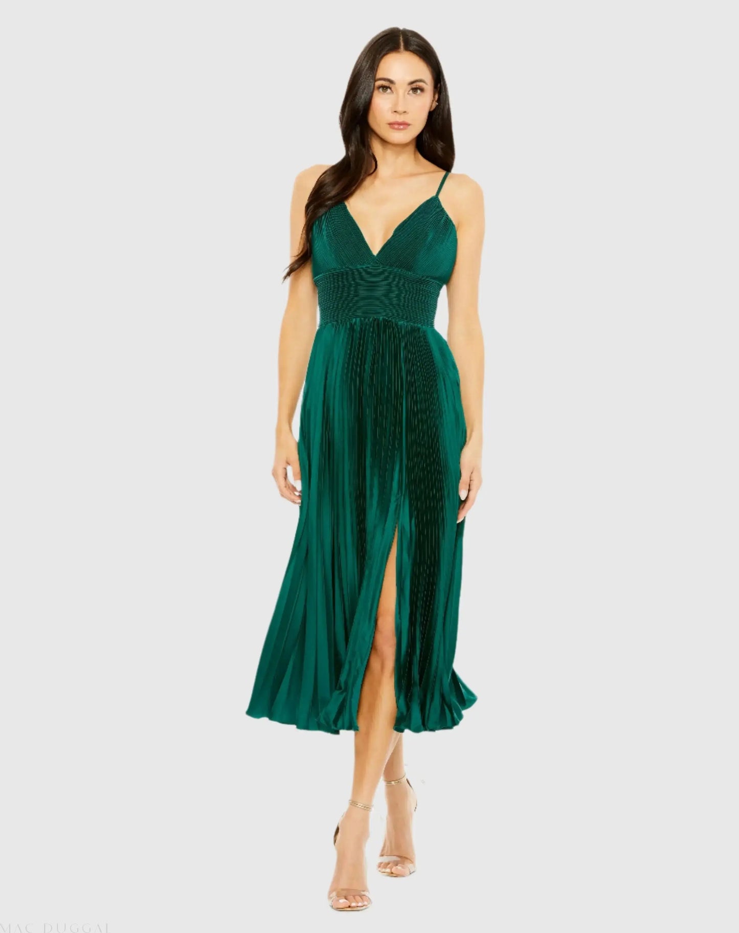 Green Slim Strap Ruched Top Heat Pleated Dress - Mac Duggal