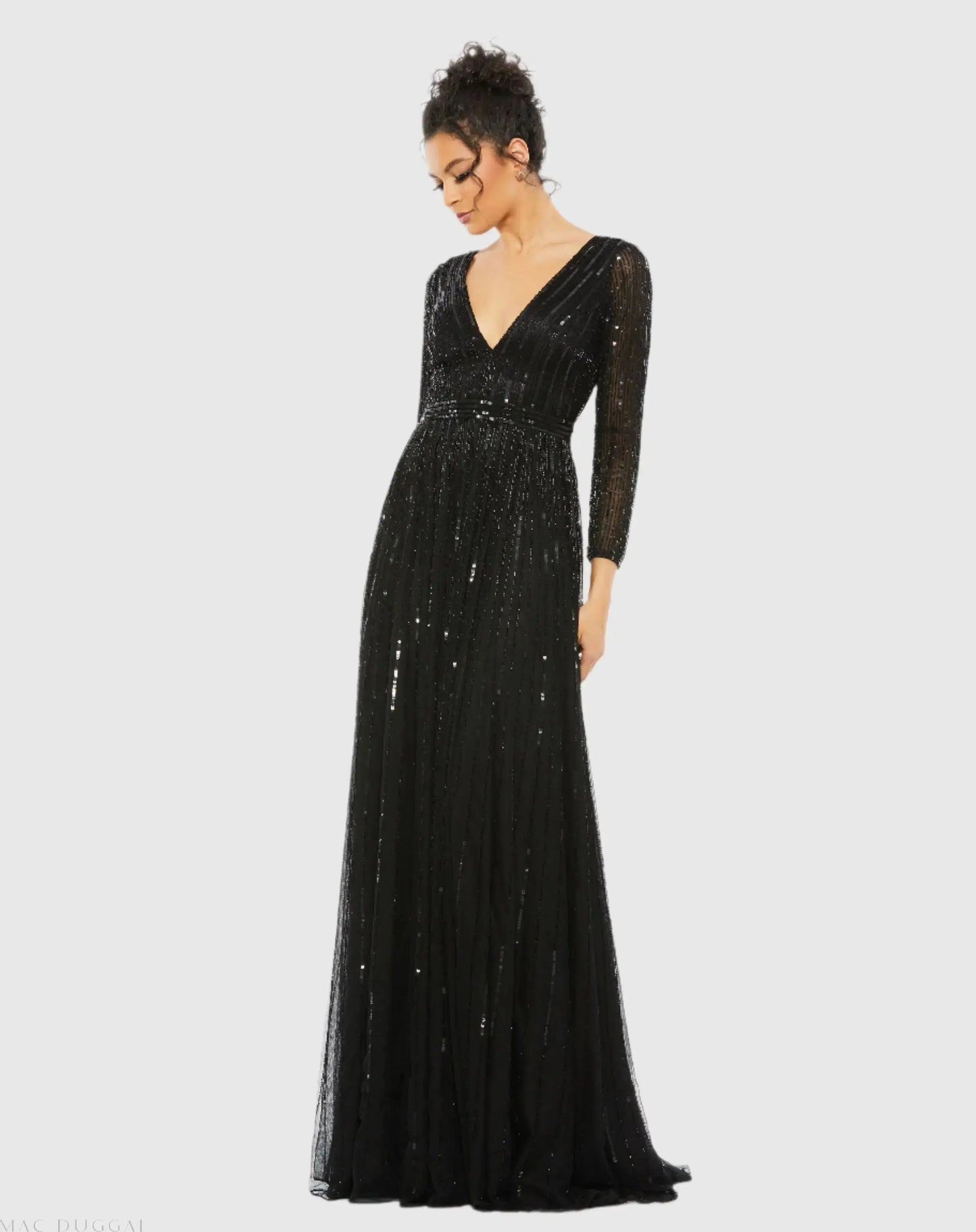 Black Sequined V Neck Illusion Sleeve A Line Gown
