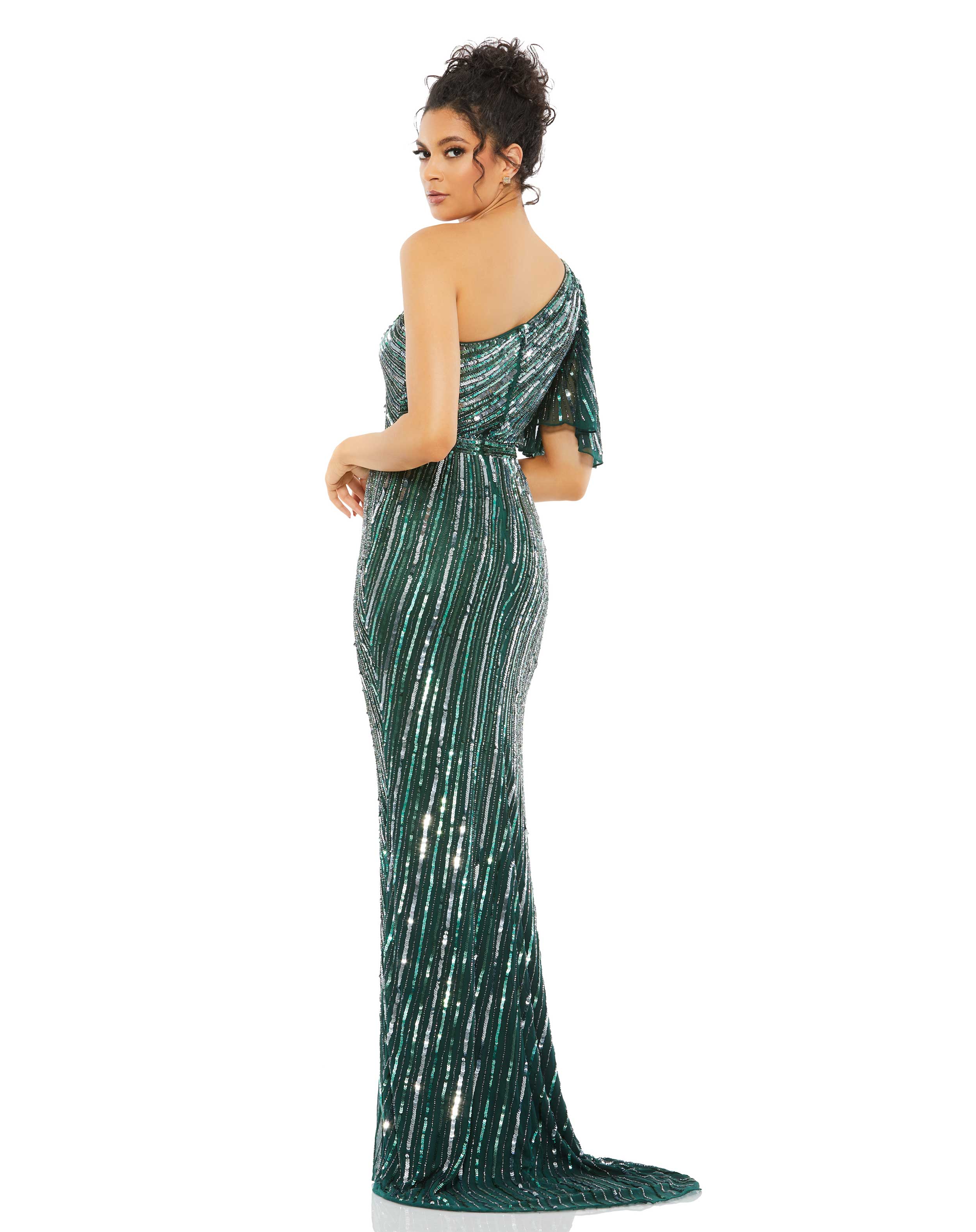 Two Tone Sequined One Shoulder Trumpet Gown