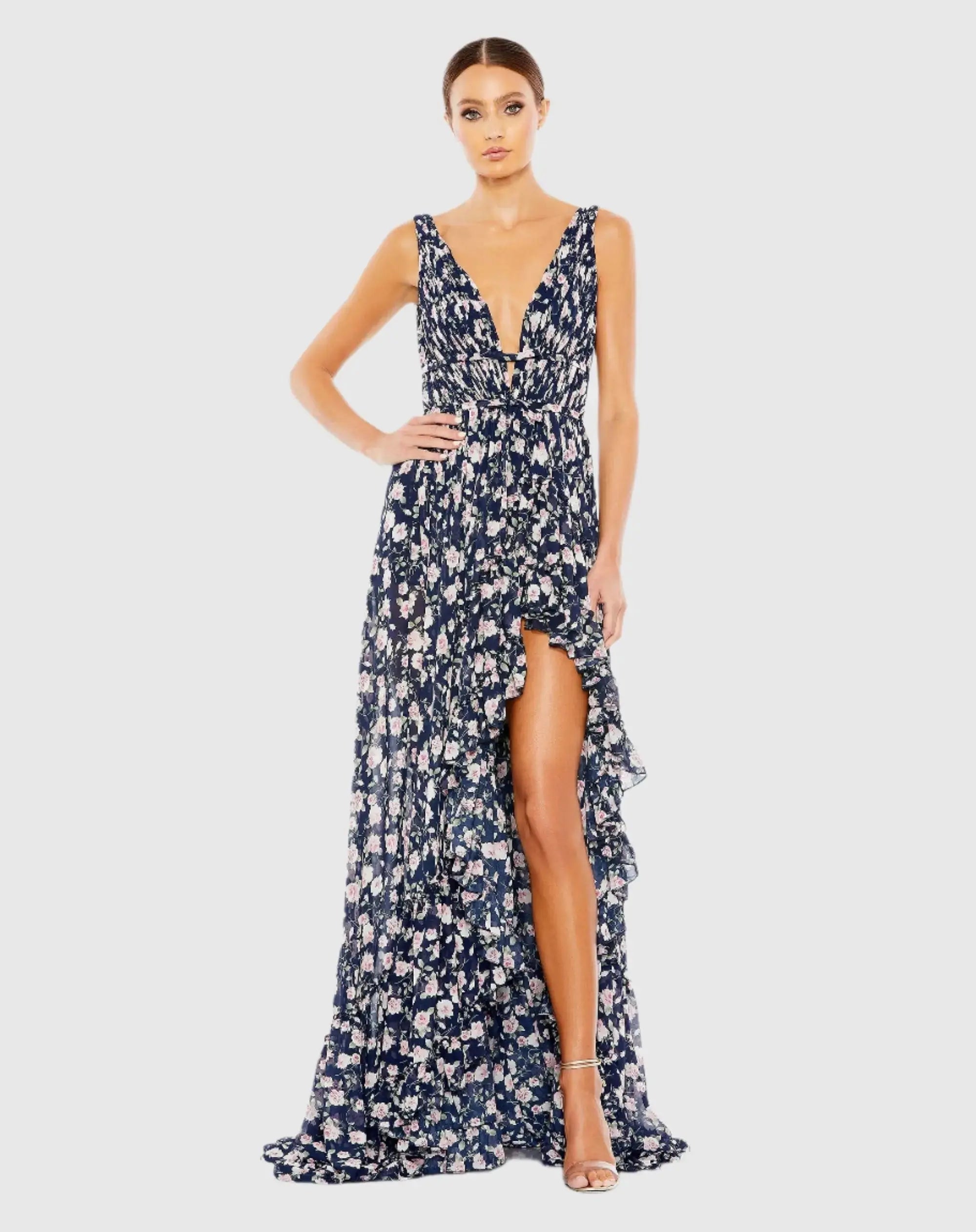 Navy Multicolor Floral Print Sleeveless Ruffled High-Low Gown - Mac Mac Duggal Navy Multicolor Floral Print Sleeveless Ruffled High-Low Gown - Mac Mac Duggal