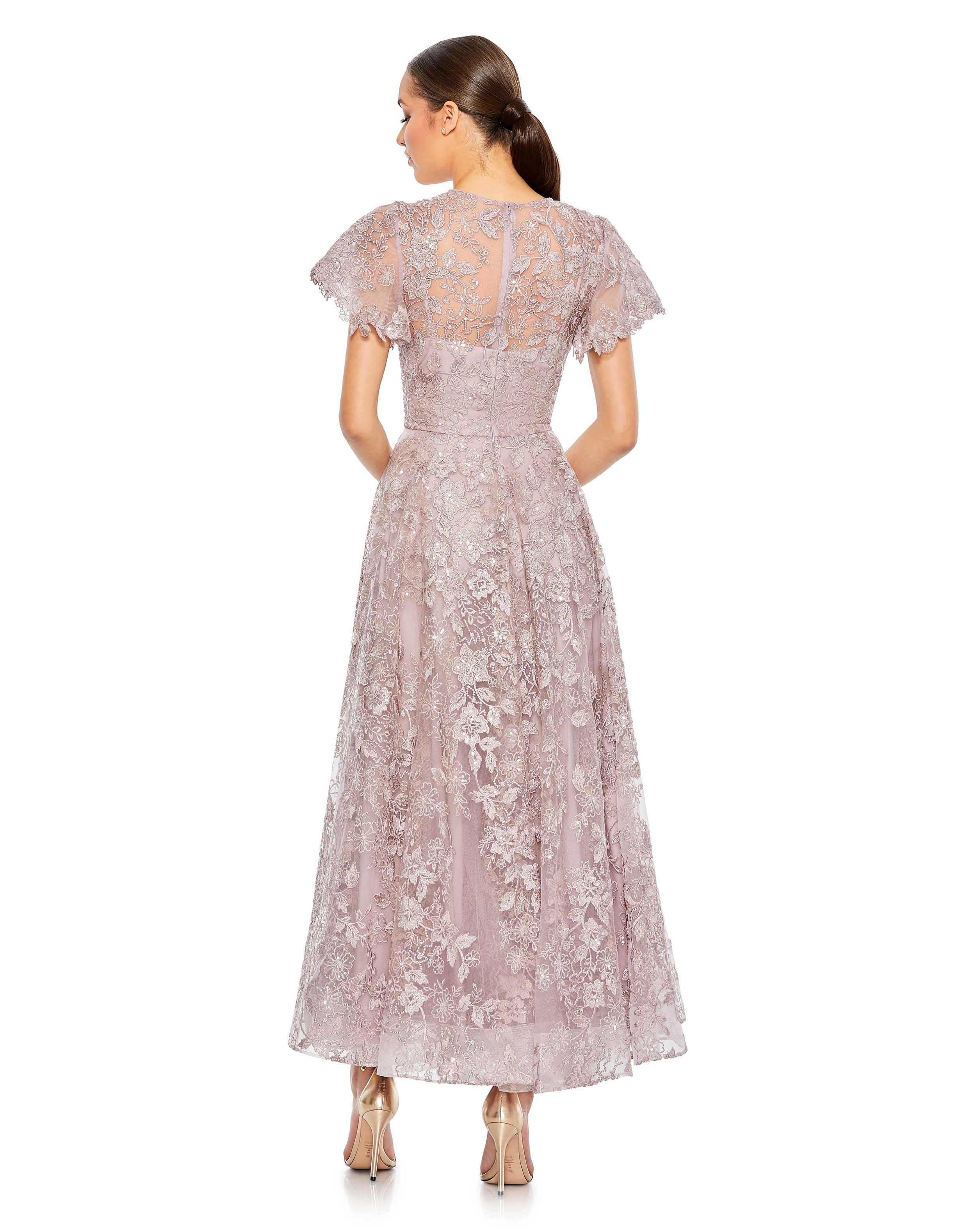 Embroidered High Neck Cap Sleeve A Line Gown