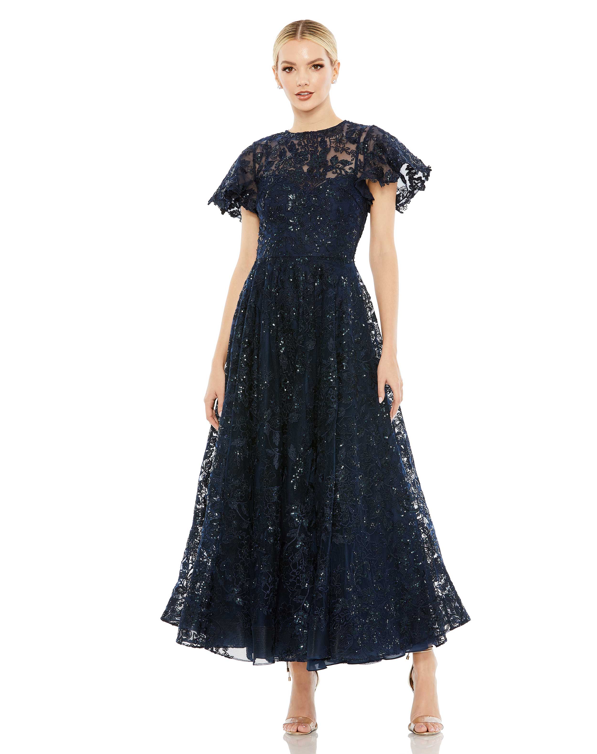 Embroidered High Neck Cap Sleeve A Line Gown