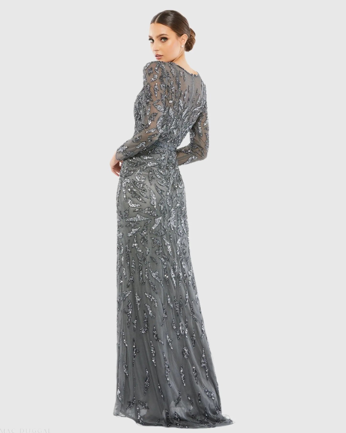 Dark Gray Beaded Long Sleeve Evening Gown - Mac Duggal