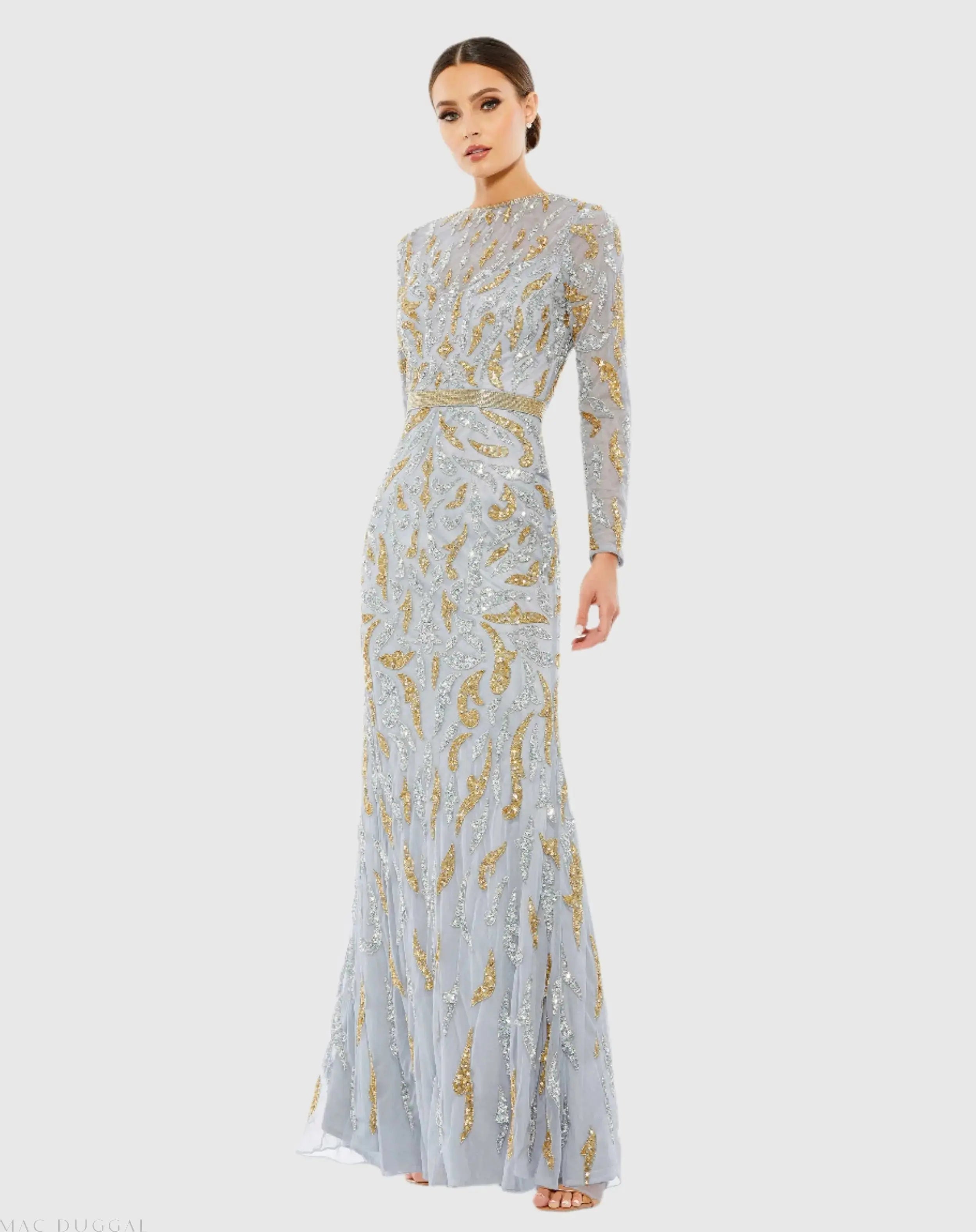 mac duggal grey dress Gray Embroidered Illusion Cap Sleeve A Line Gown