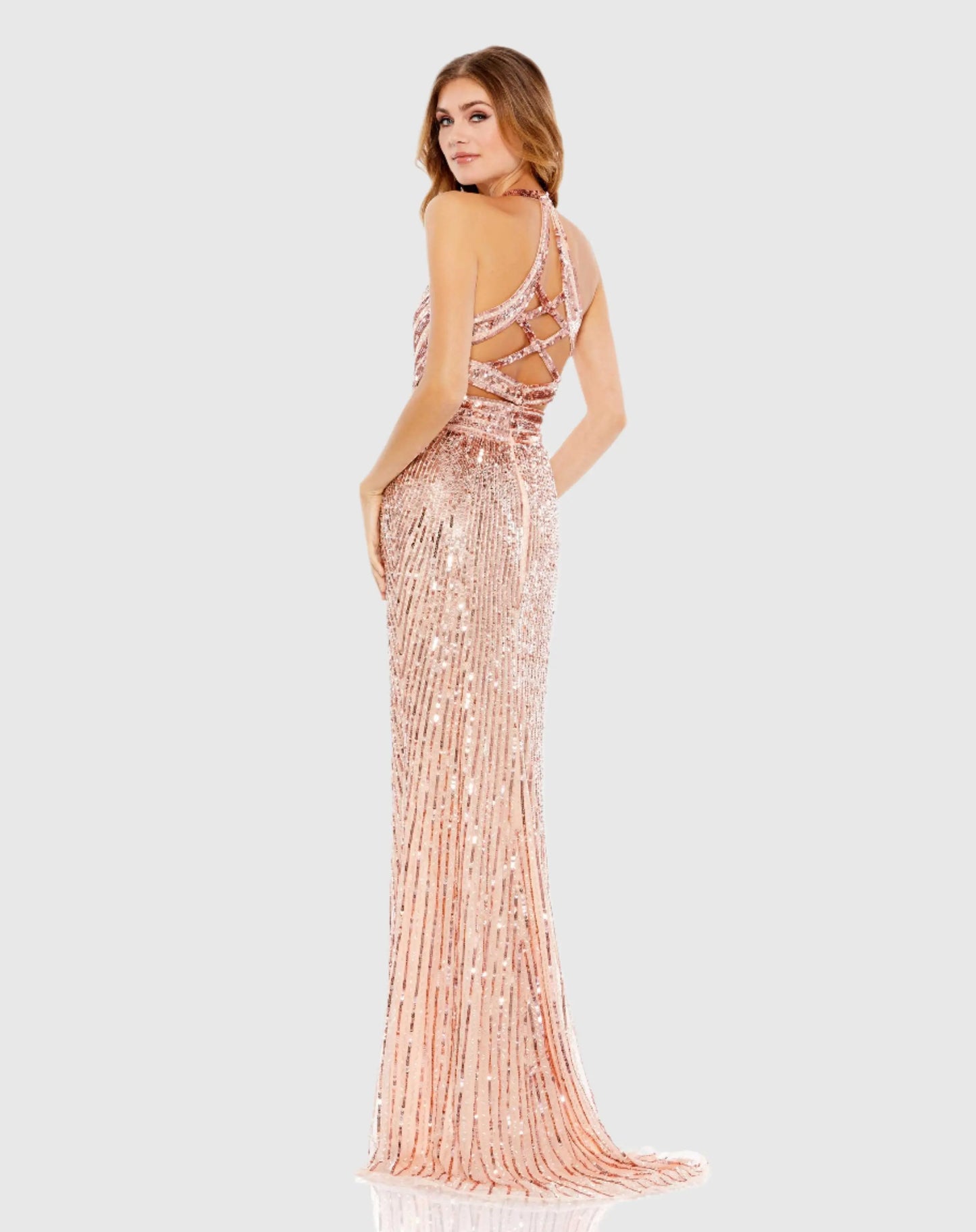 Pink Sleeveless Faux Wrap Sequin Embellished Cut Out Back - Mac Duggal