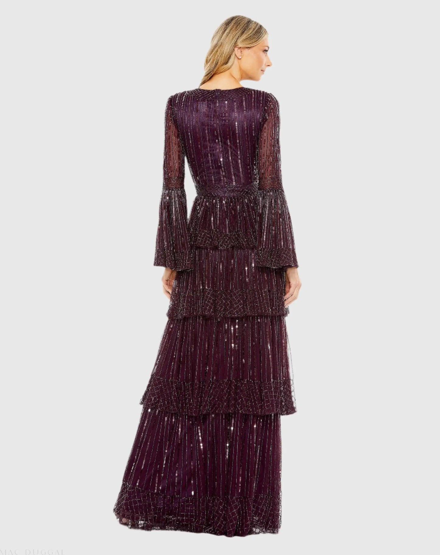 Purple Embellished Bell Sleeve Tiered Gown - Mac Duggal