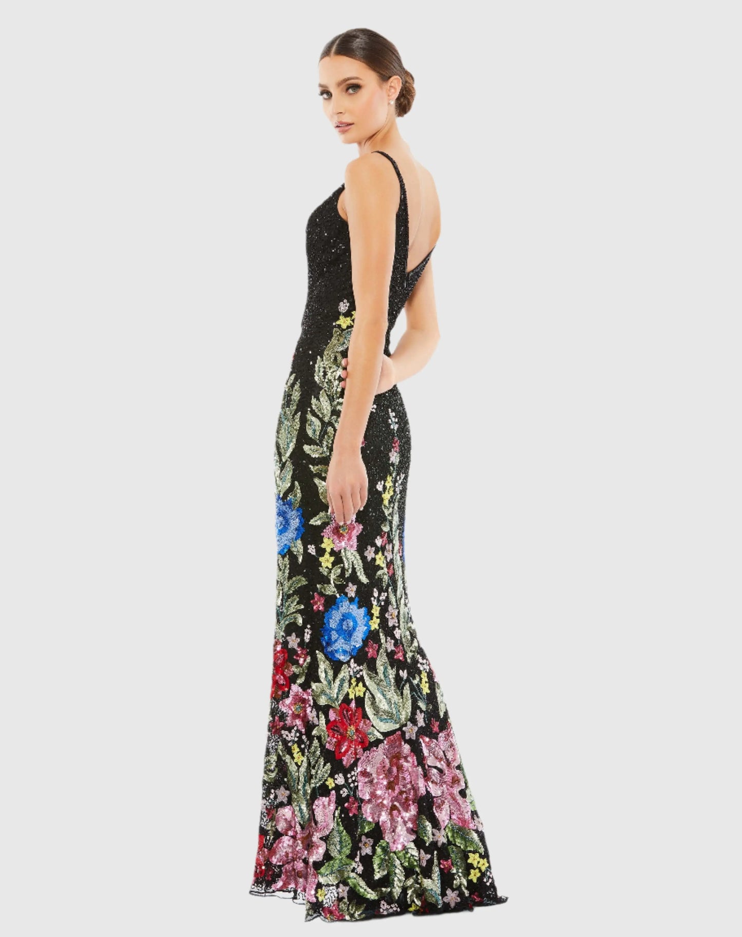Black Floral Embellished Spaghetti Strap Gown - Mac Duggal