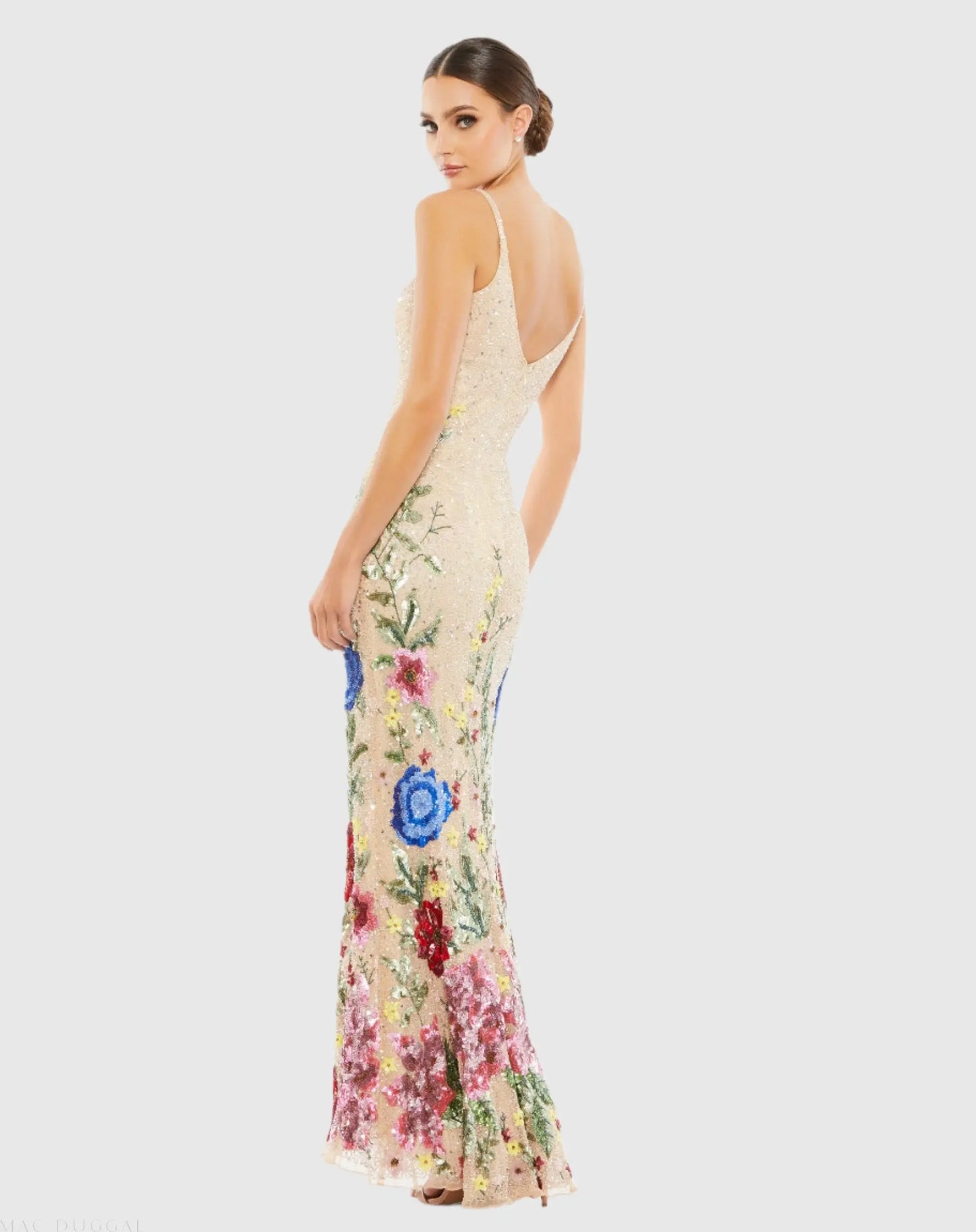 Beige Floral Embellished Spaghetti Strap Gown - Mac Duggal
