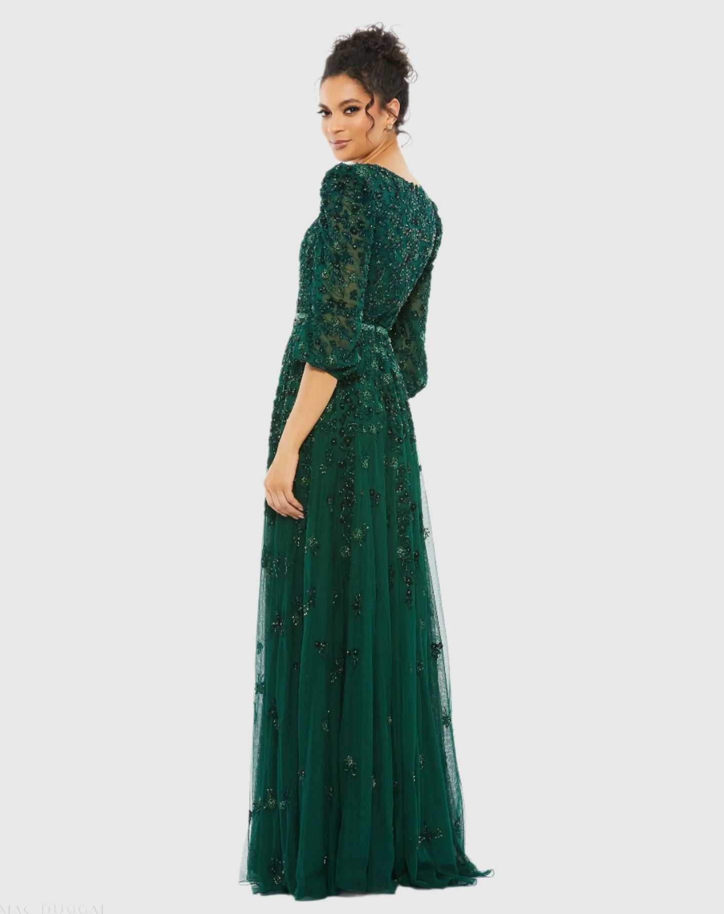 Green Embellished V Neck 3/4 Sleeve A Line Gown - Mac Duggal